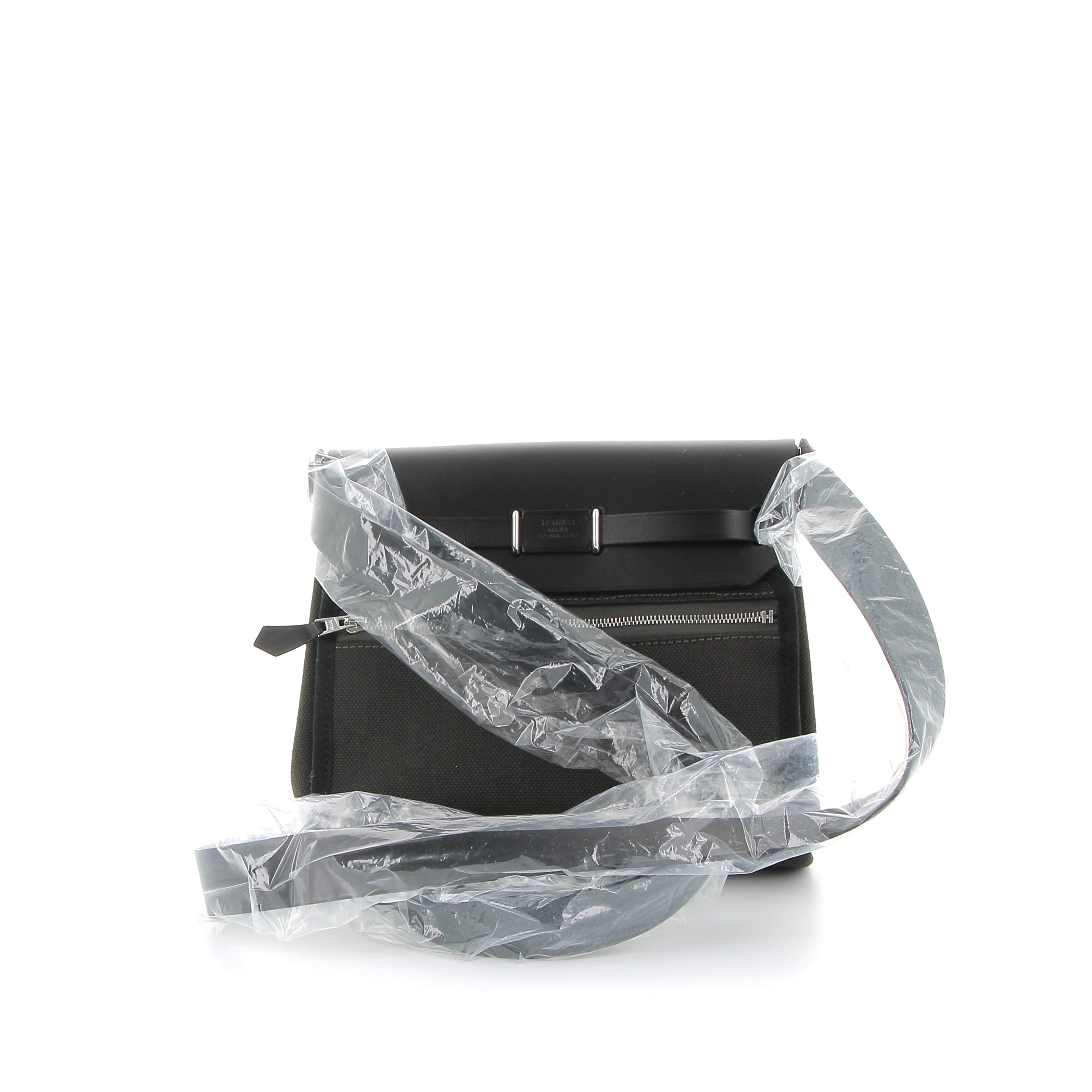 HERMÈS Mini Herbag 20 Ebene/Noir Swift/Toile Finition Palladié