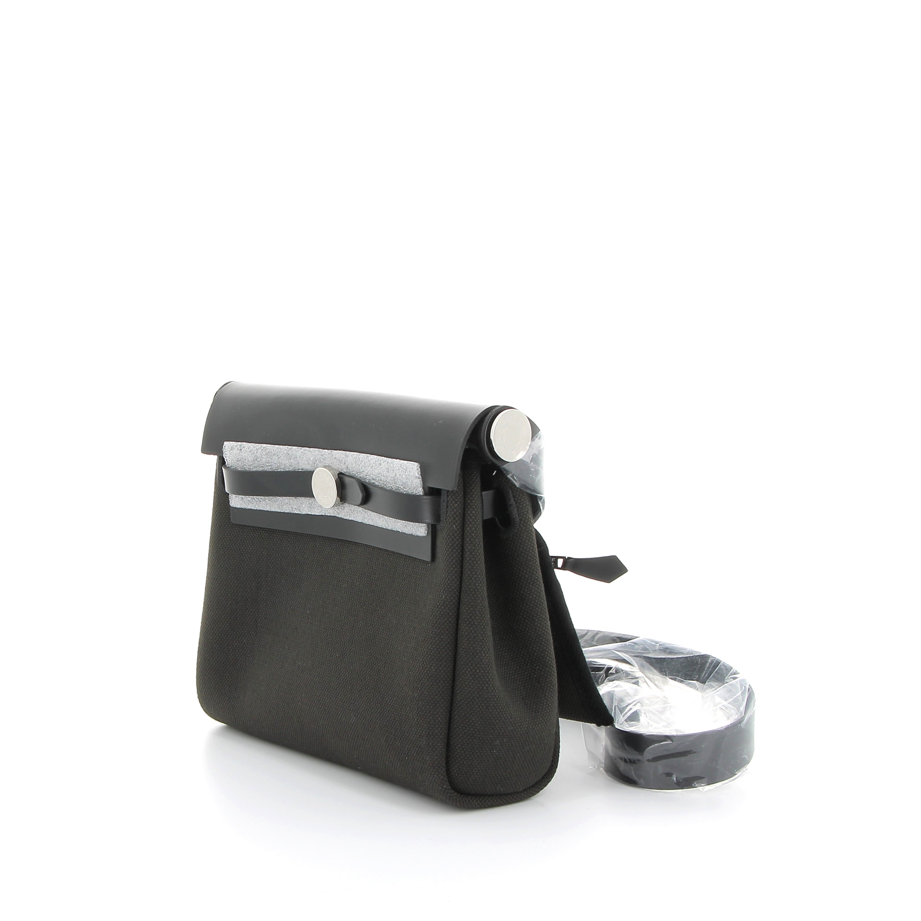 HERMÈS Mini Herbag 20 Ebene/Noir Swift/Toile Finition Palladié
