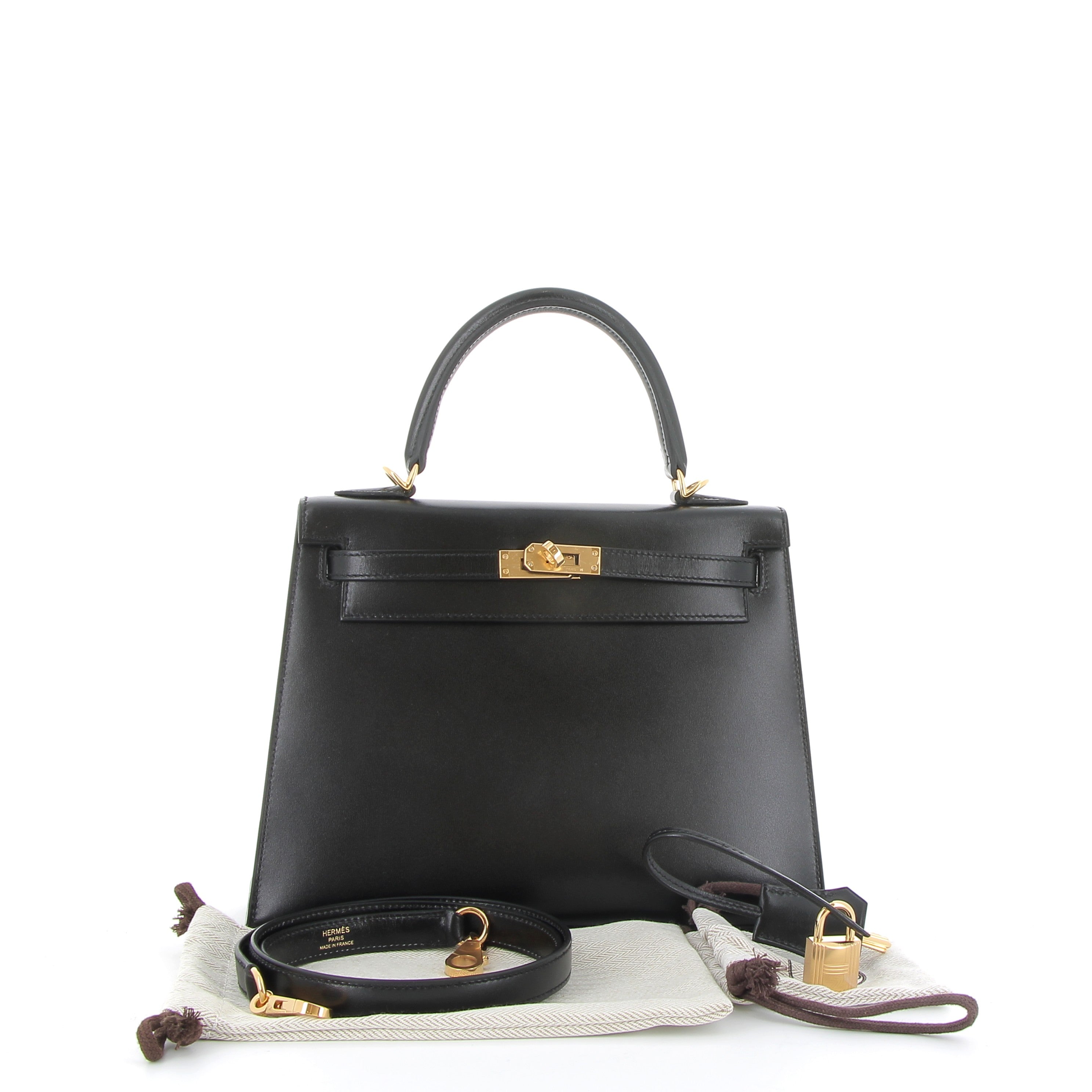 HERMÈS Kelly 25 Noir Box Finition Or jaune