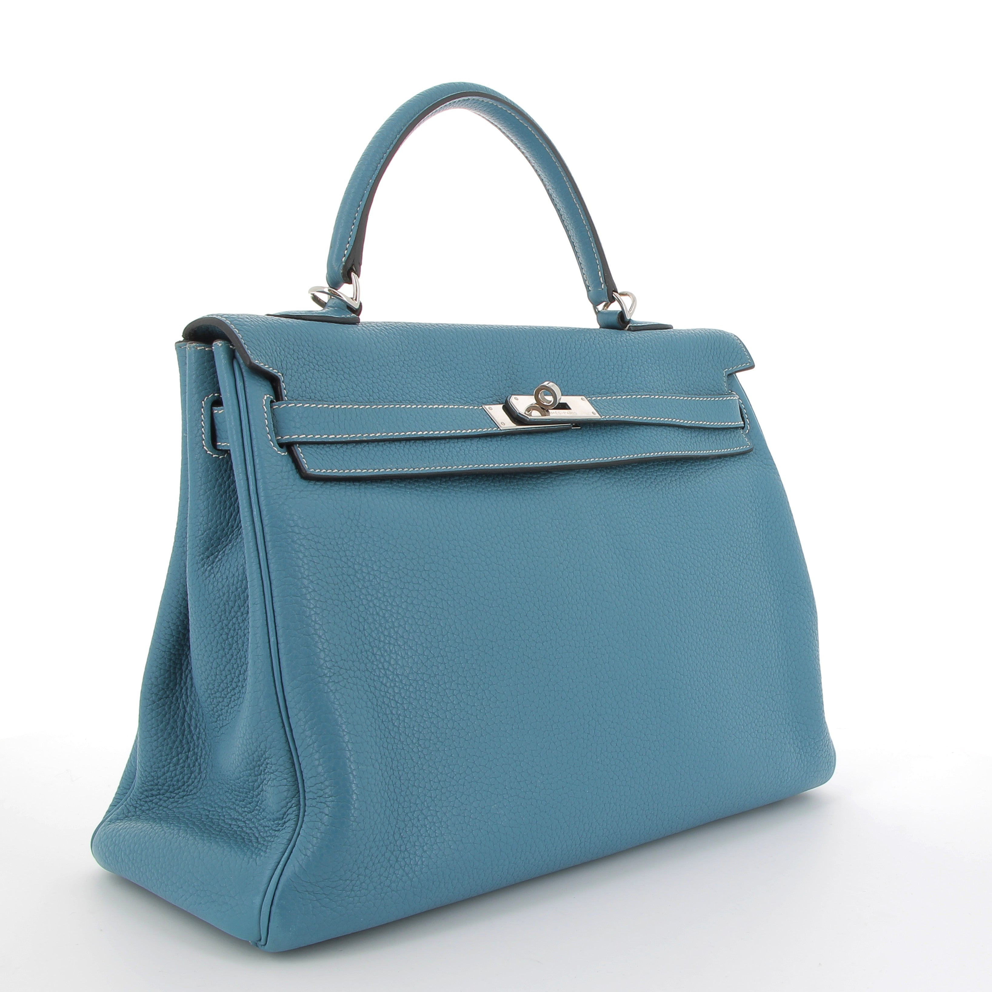 HERMES Preowned Kelly 35 Bleu Jean Togo Finition Palladié