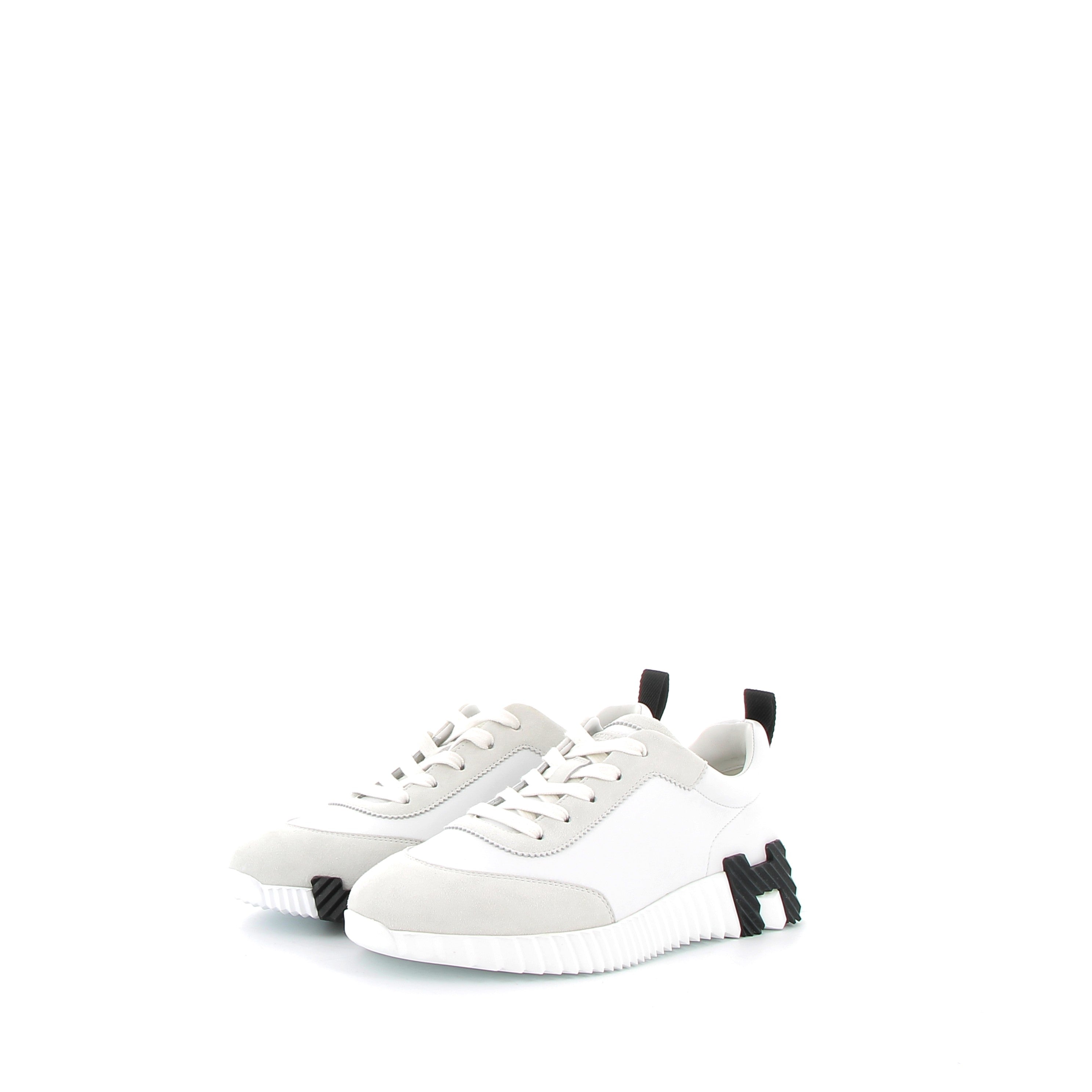 HERMÈS Bouncing Sneakers Veau et Chèvre Velours Blanc et Noir