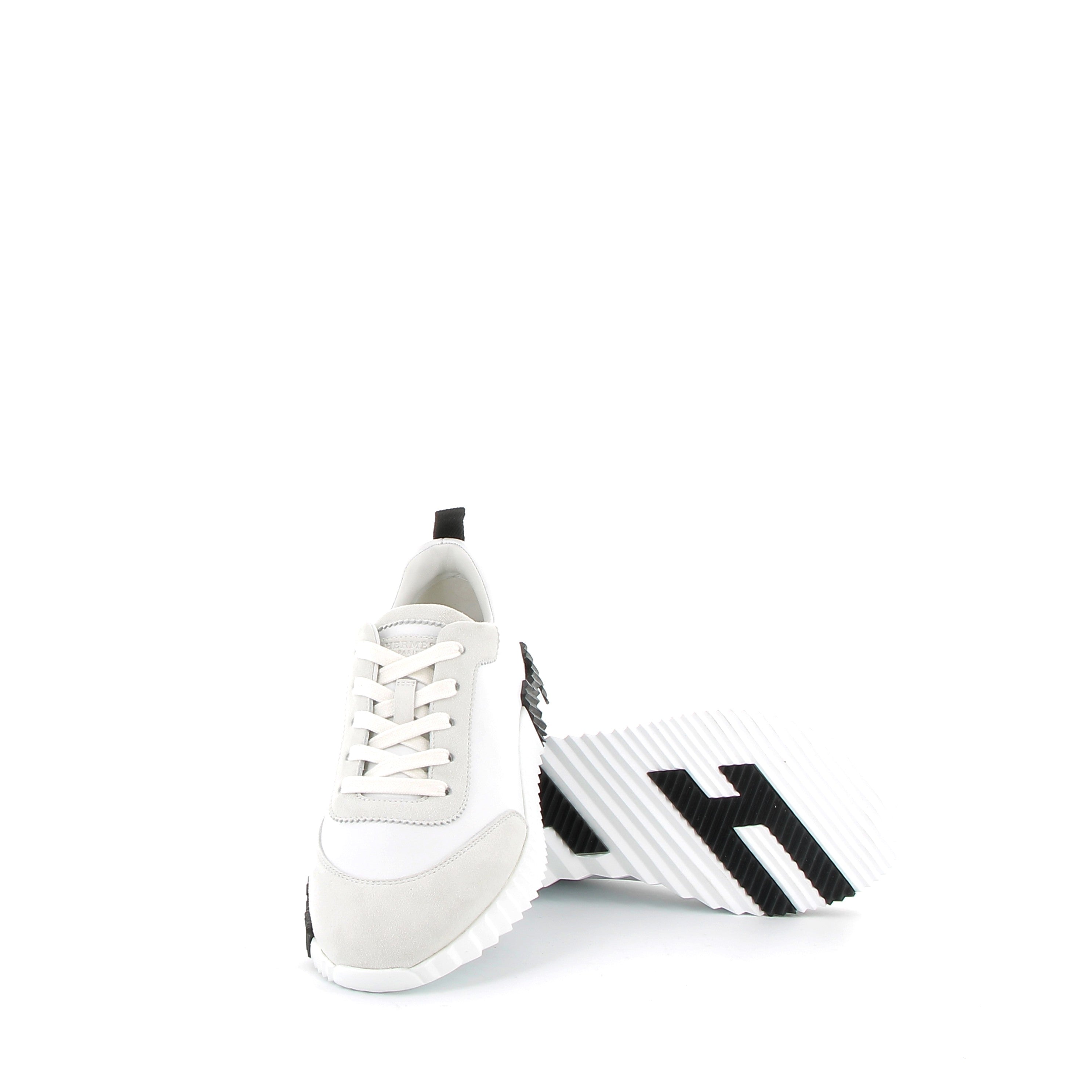 HERMÈS Bouncing Sneakers Veau et Chèvre Velours Blanc et Noir