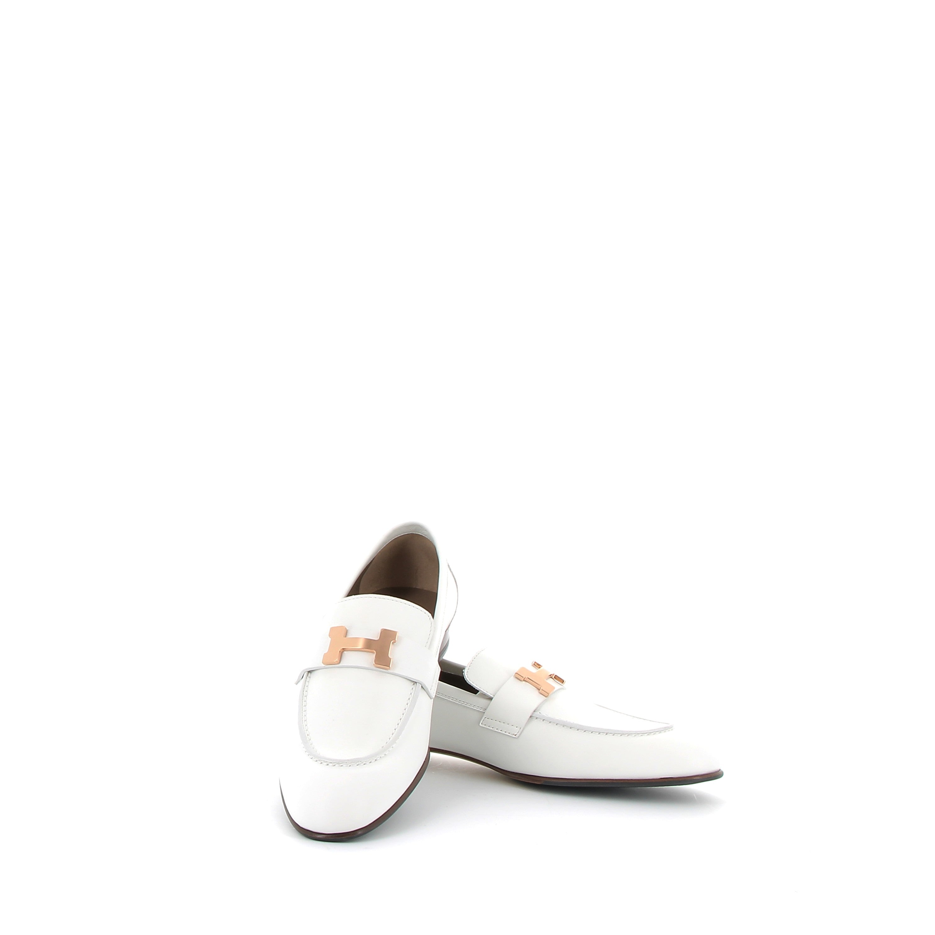 HERMÈS Mocassins Cuir Blanc boucle rose