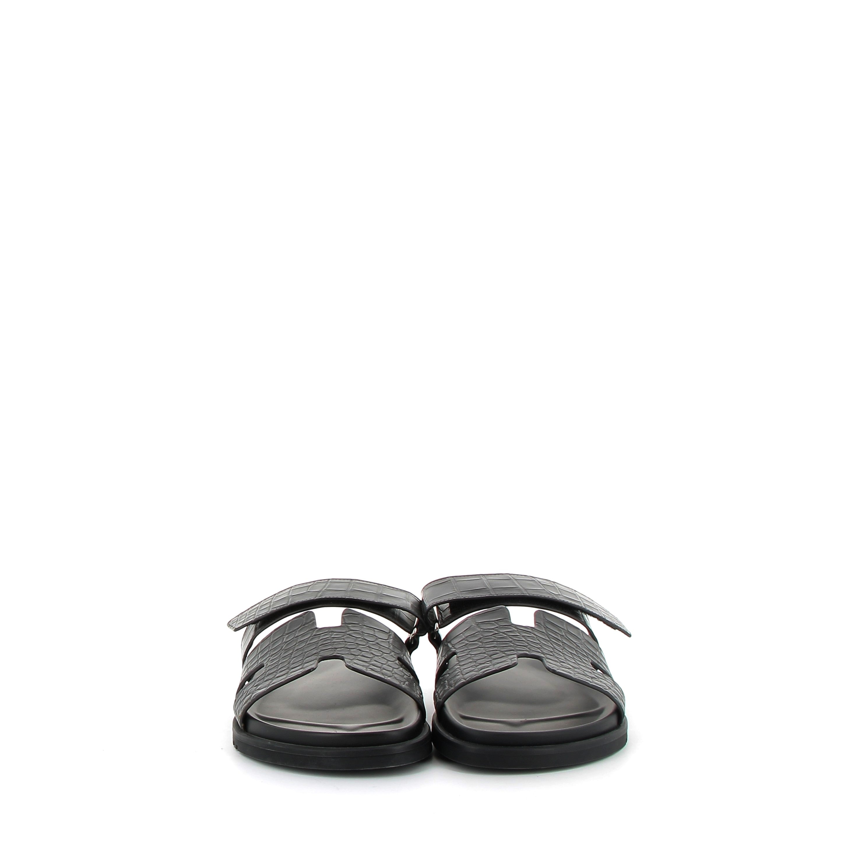 HERMÈS Chypre Sandales Crocodile Graphite Noir