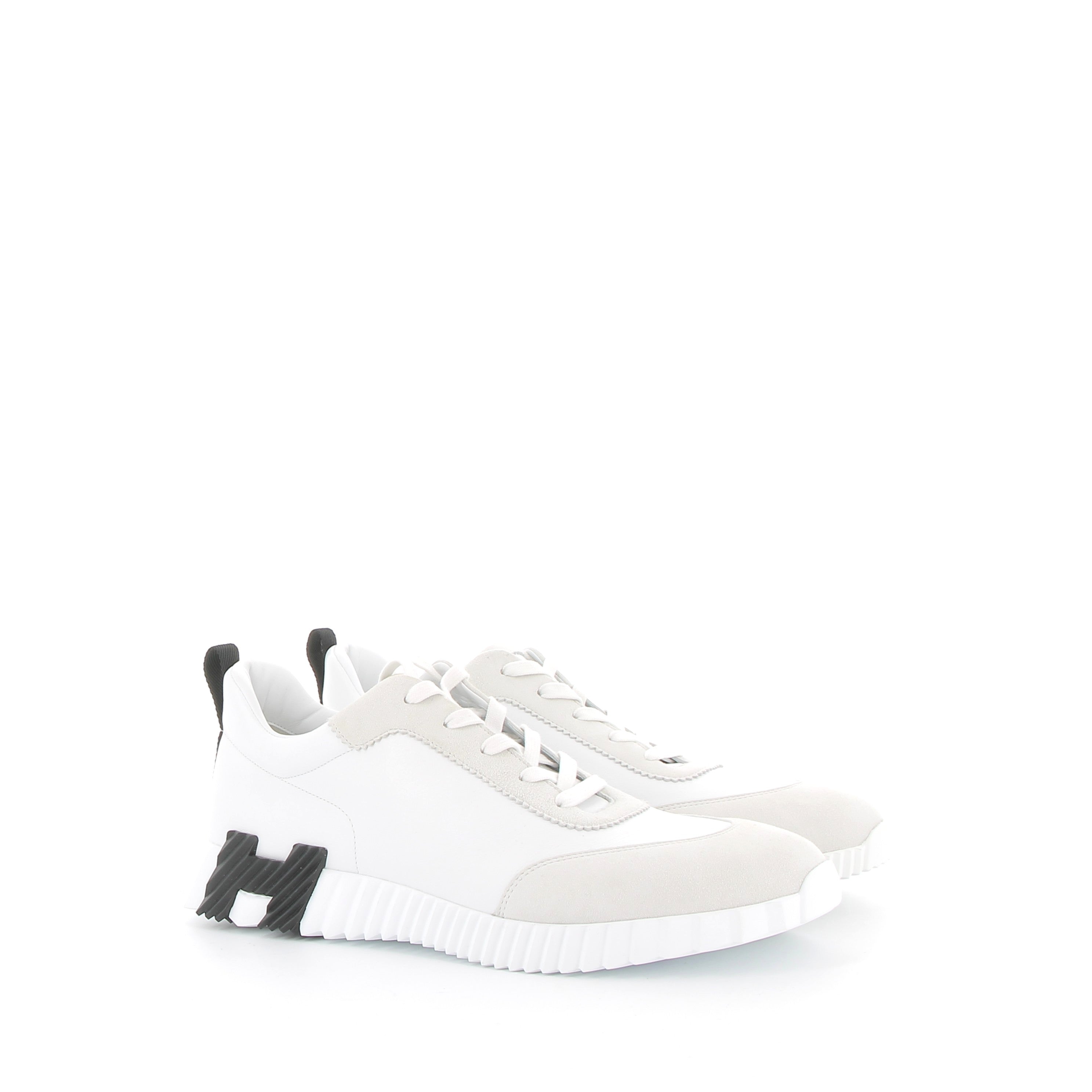 HERMÈS Bouncing Sneakers Veau et Chèvre Velours Blanc et Noir