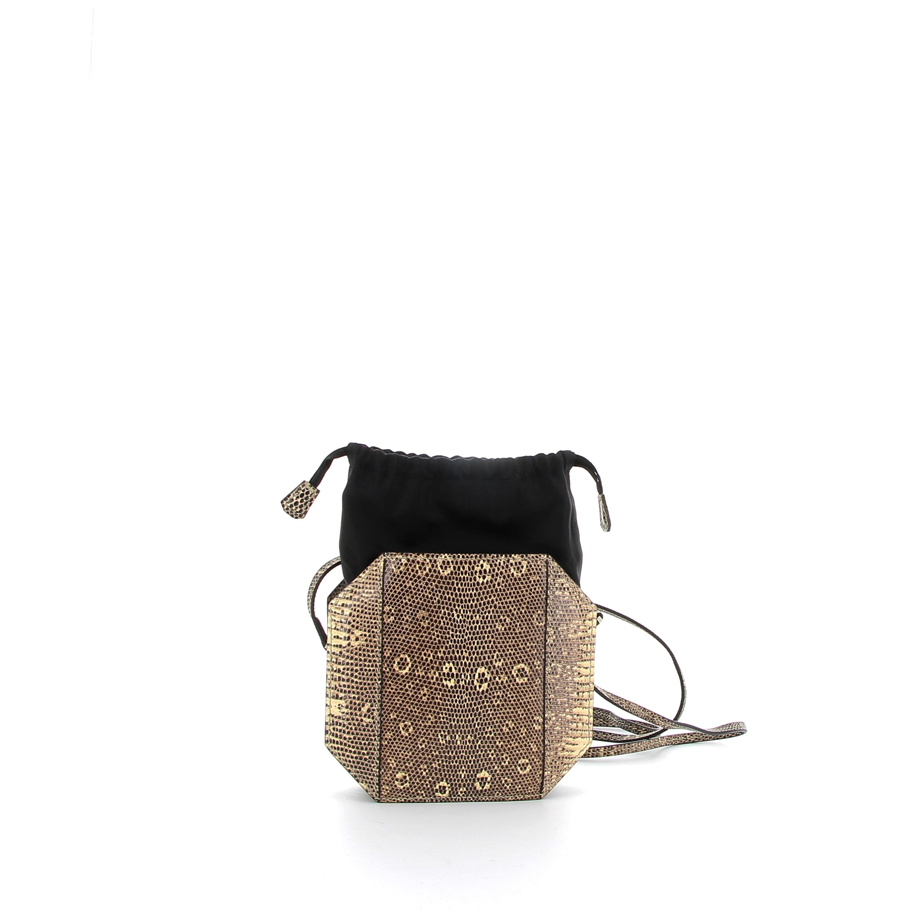 HERMES Sac poudrier lézard natural lisse/soie AA ombre/noir B 2023