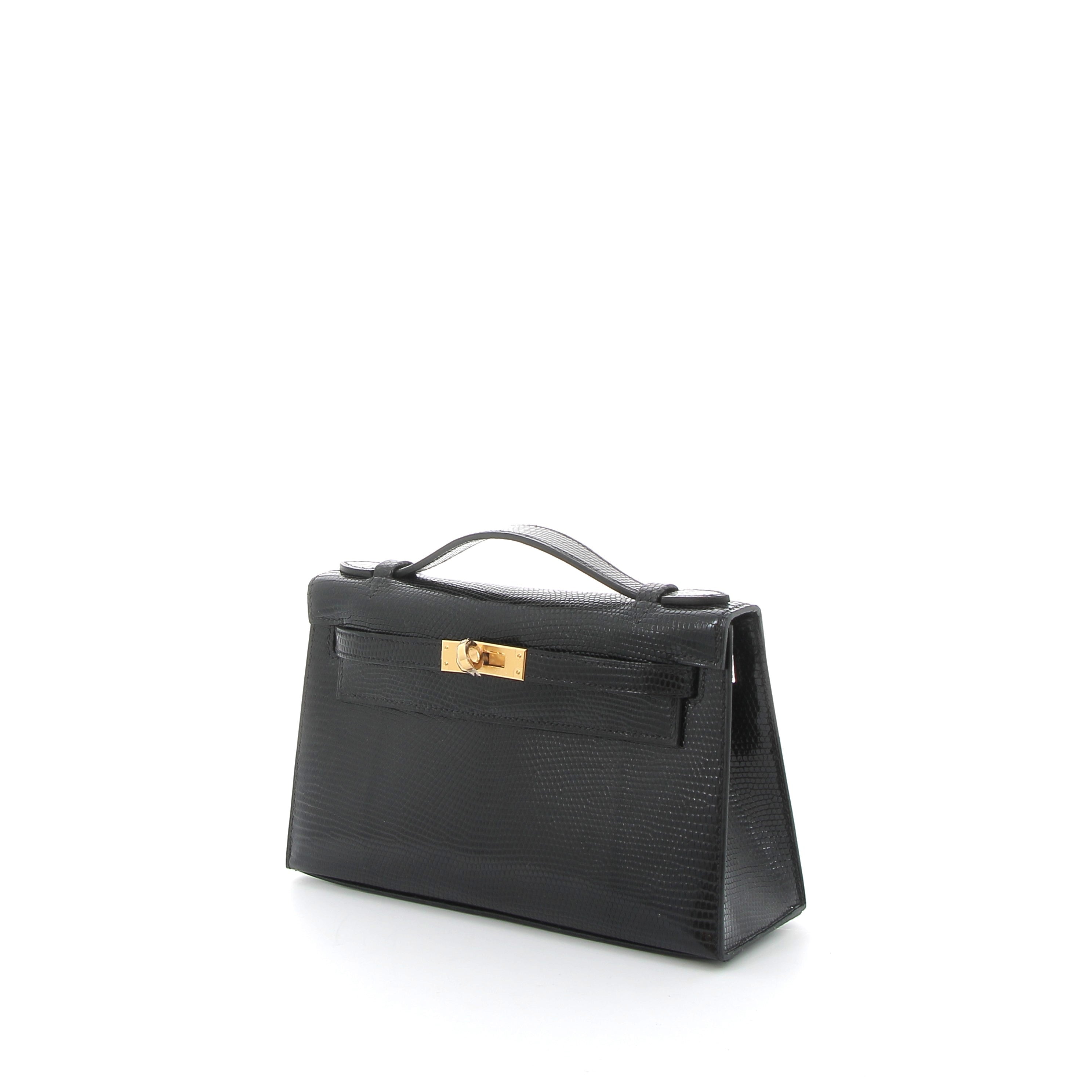 HERMES Kelly Pochette Noir Lézard Finition Or Jaune