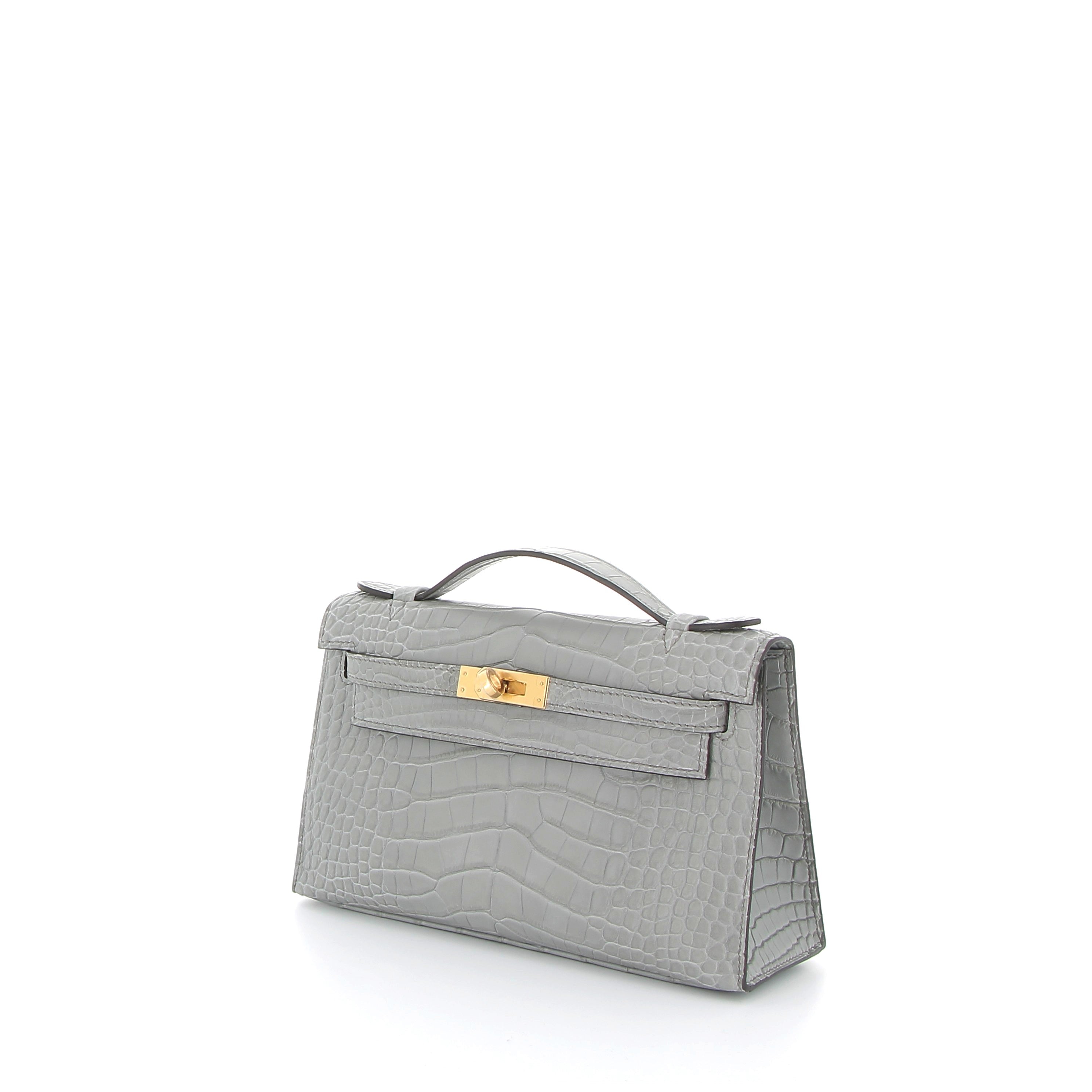 HERMES Kelly Pochette Gris Ciment Alligator Matte Finition Or Jaune