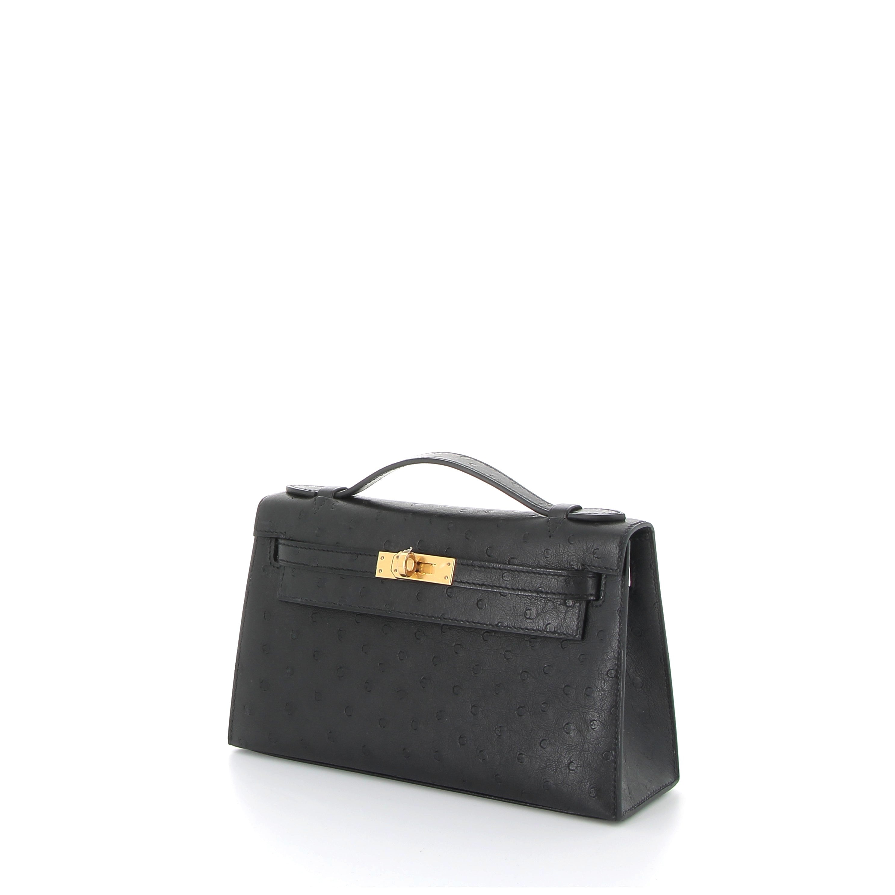 HERMES Kelly Pochette Noir Autruche Finition Or Jaune