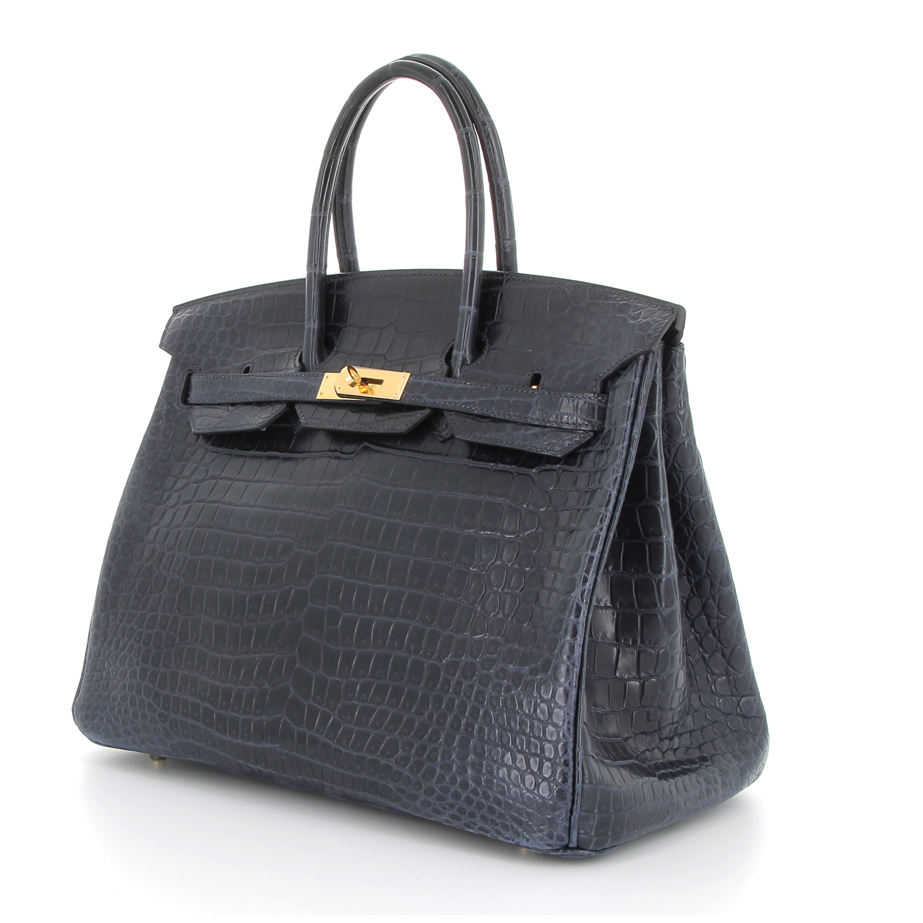 HERMES Birkin 35 Bleu Marine Crocodile Finition Or Jaune