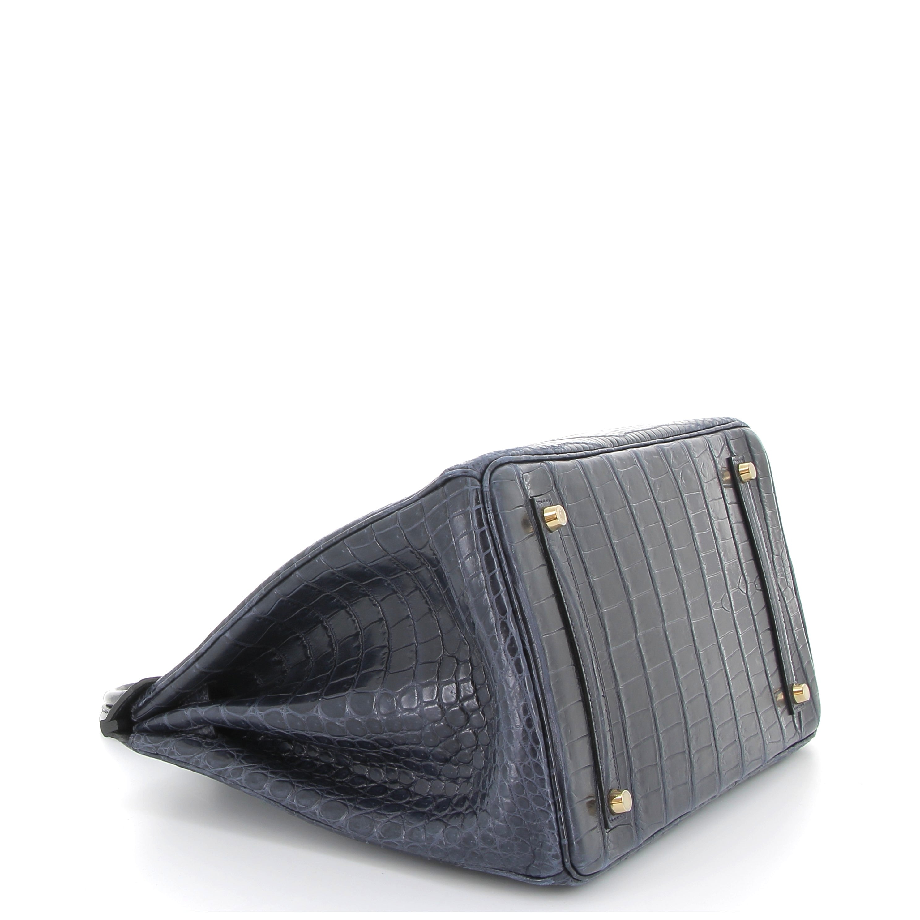 HERMES Birkin 35 Bleu Marine Crocodile Finition Or Jaune
