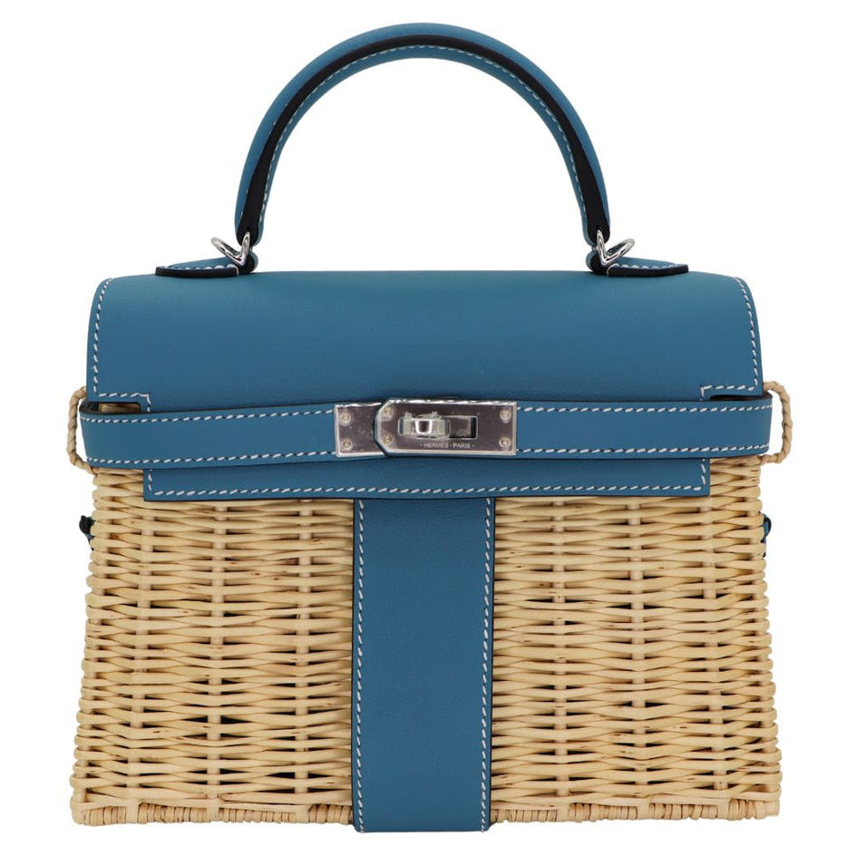 HERMÈS Kelly 20 Sellier Picnic Bleu Jeans Swift Finition Palladiée