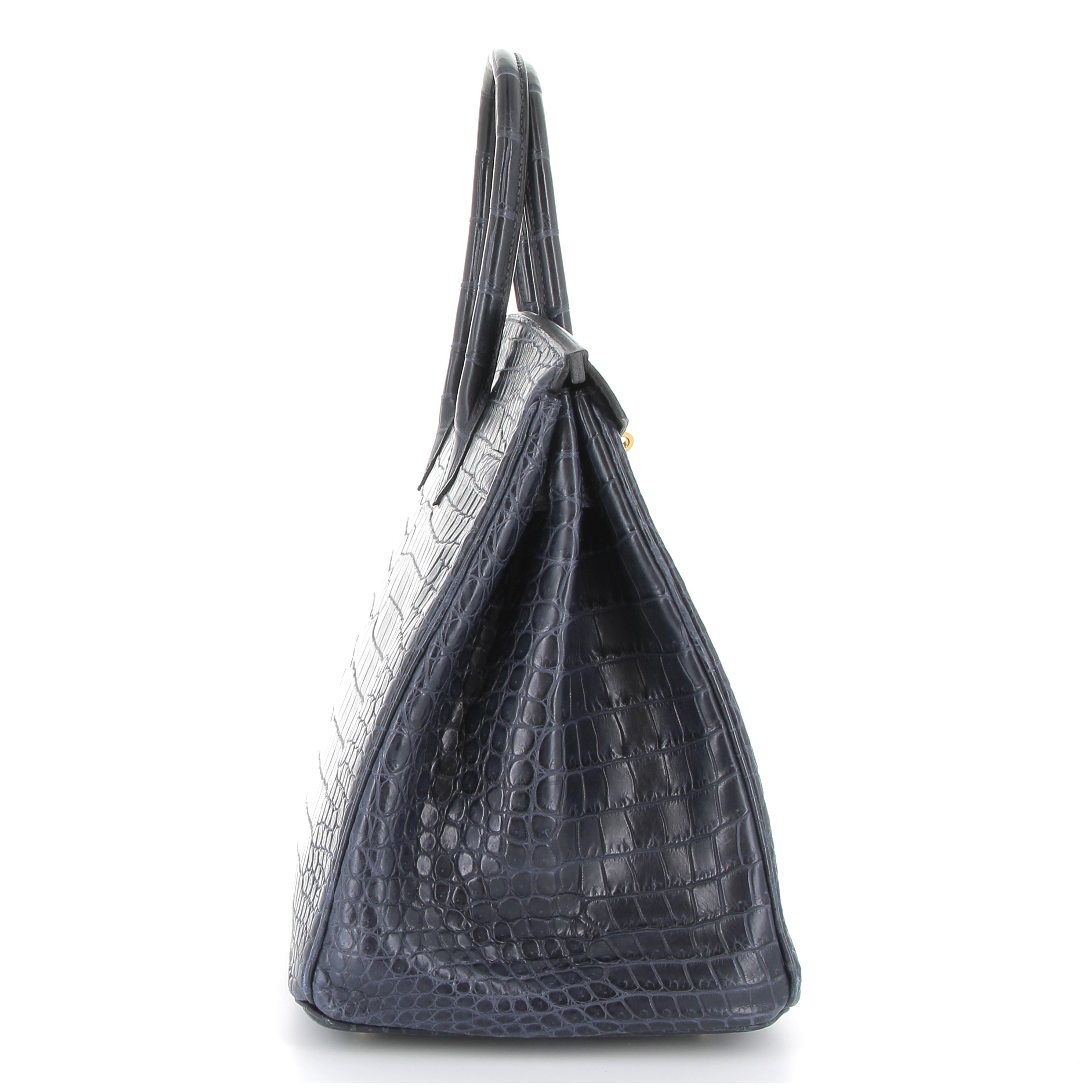 HERMES Birkin 35 Bleu Marine Crocodile Finition Or Jaune