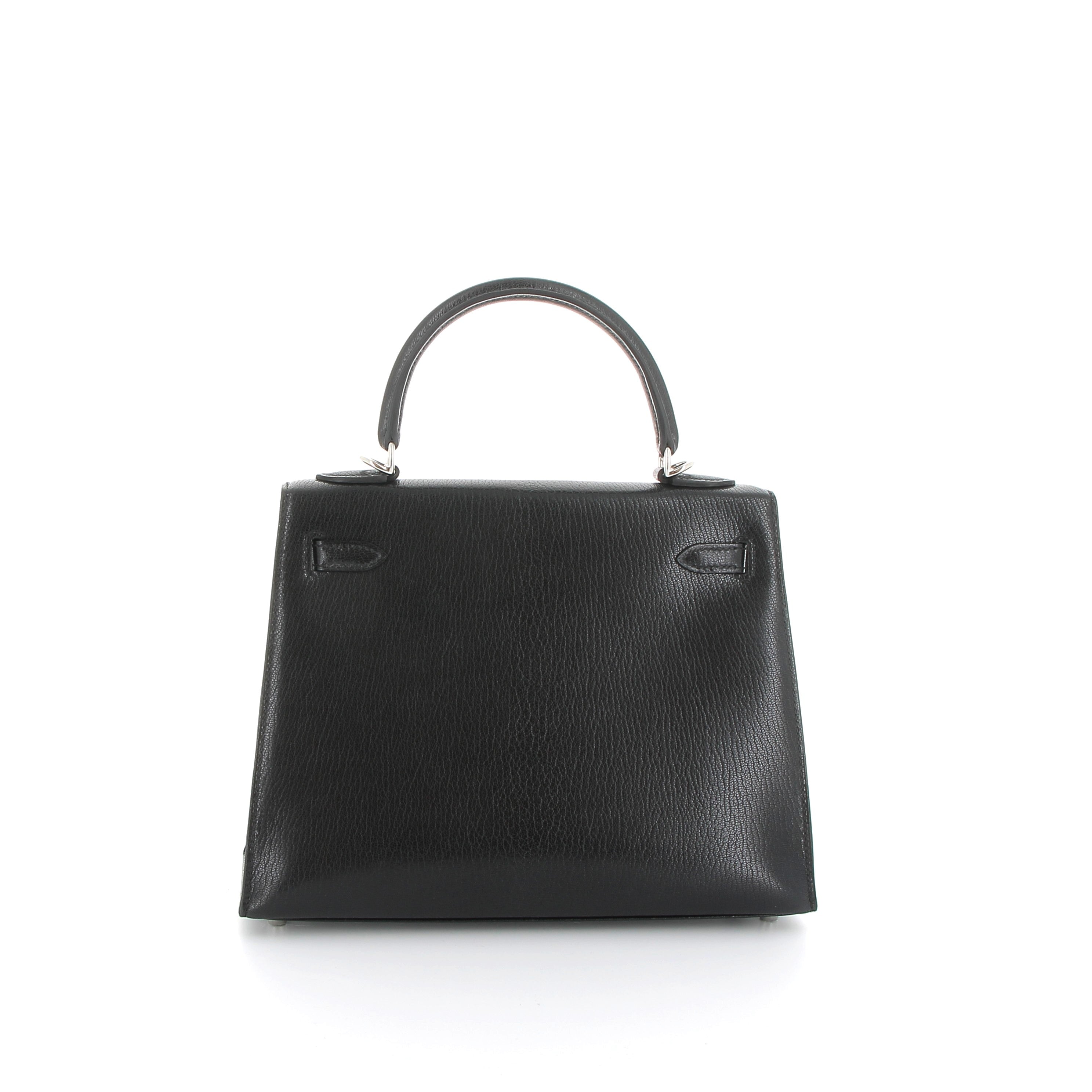 HERMES Kelly 25 Noir Cuir Chèvre Finition Palladié