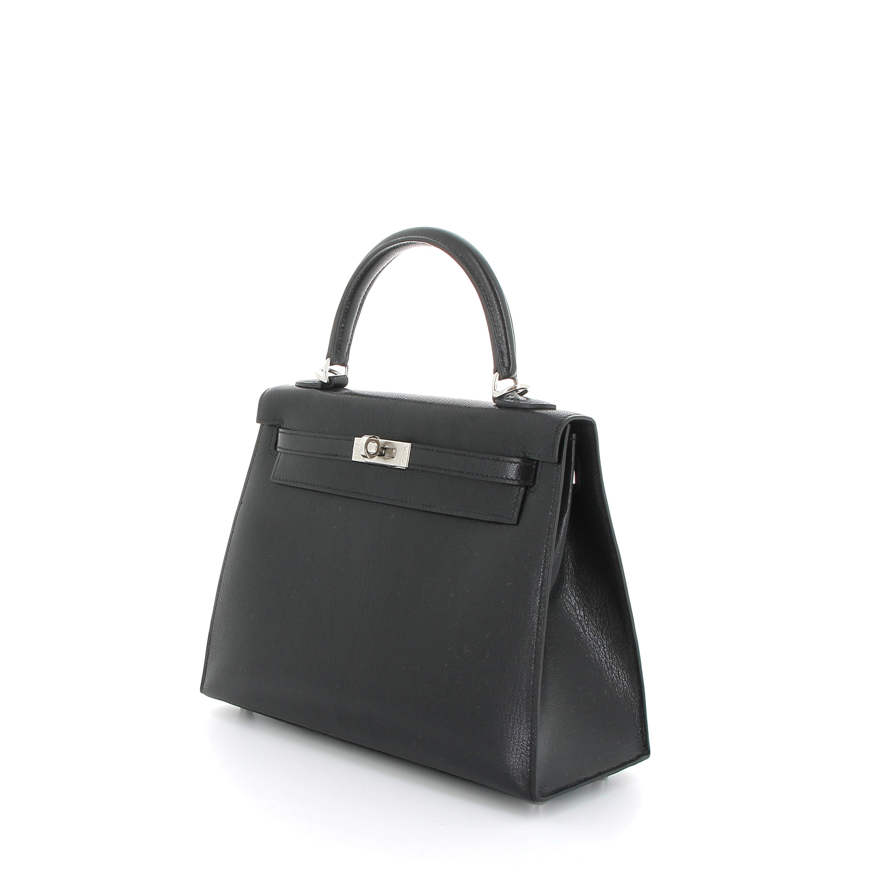 HERMES Kelly 25 Noir Cuir Chèvre Finition Palladié