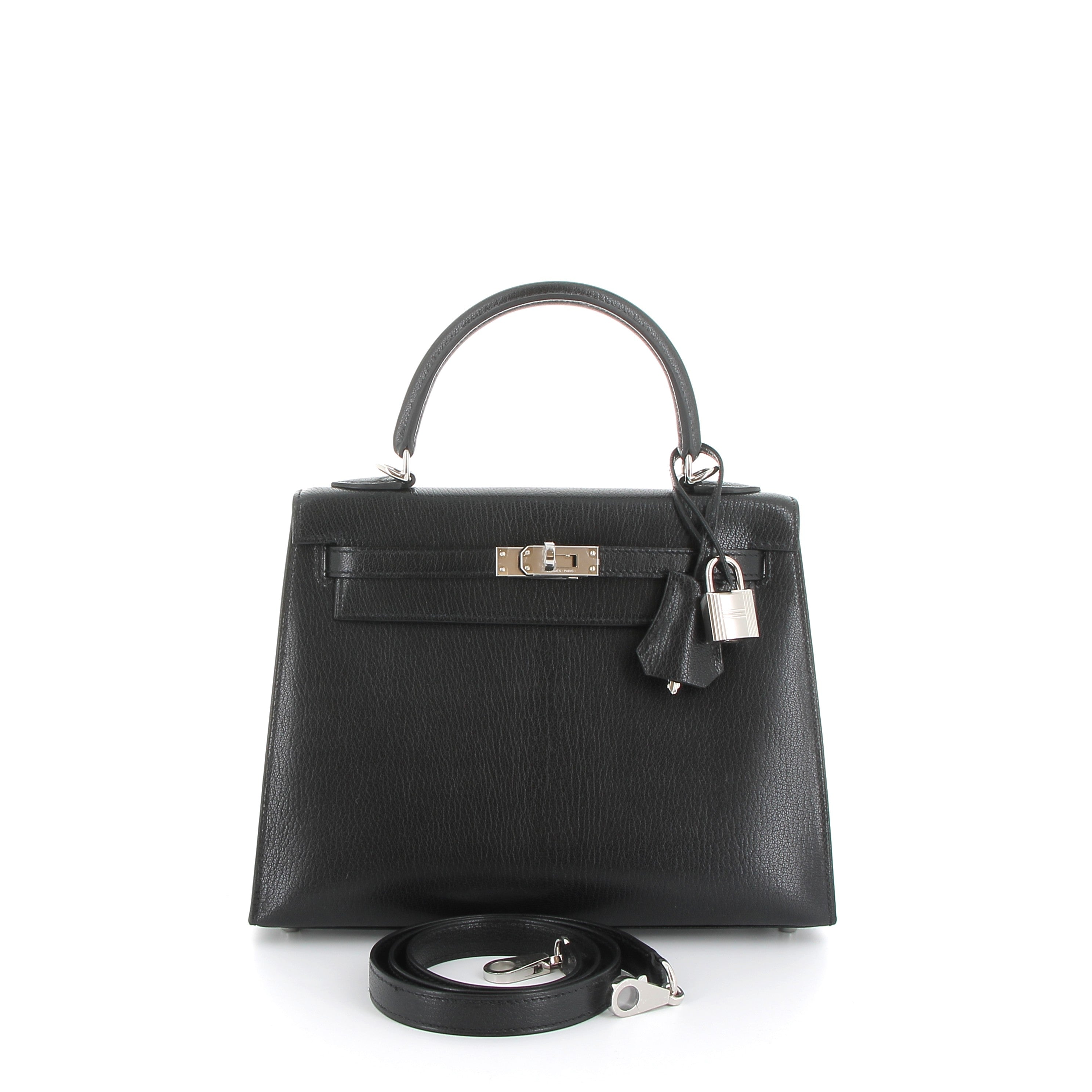 HERMES Kelly 25 Noir Cuir Chèvre Finition Palladié