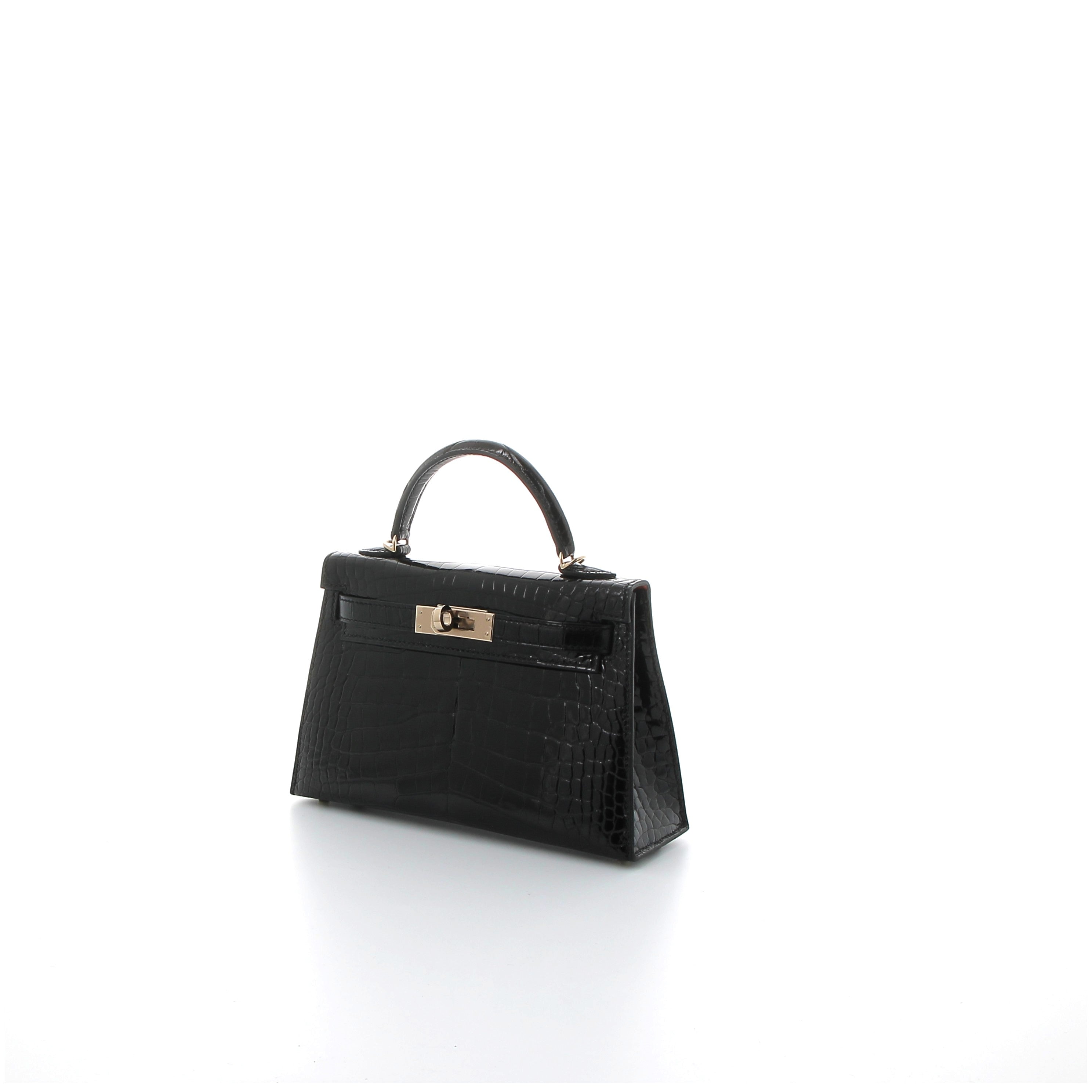 HERMES Kelly 20 Noir Crocodile Niloticus Finition Or Jaune