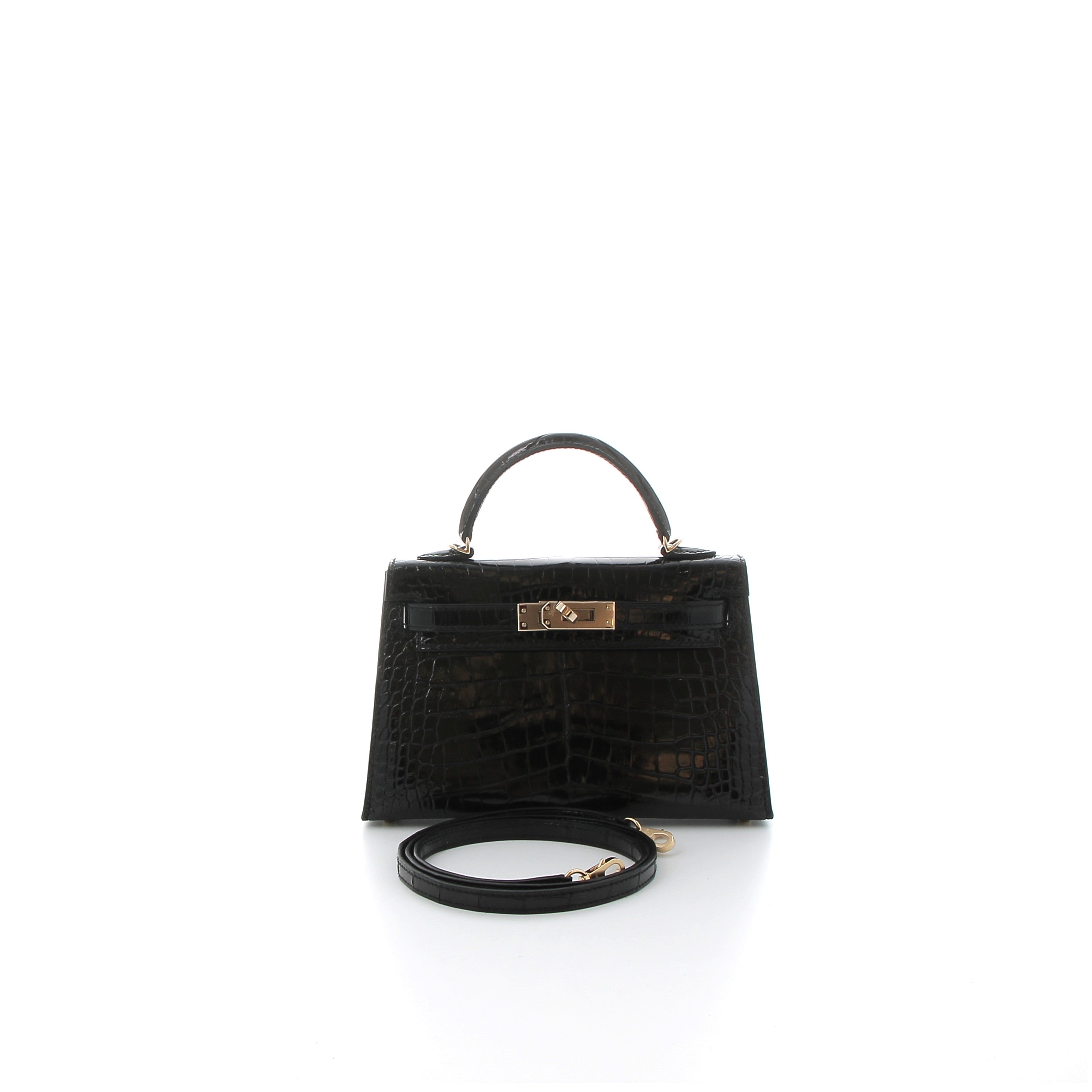 HERMES Kelly 20 Noir Crocodile Niloticus Finition Or Jaune