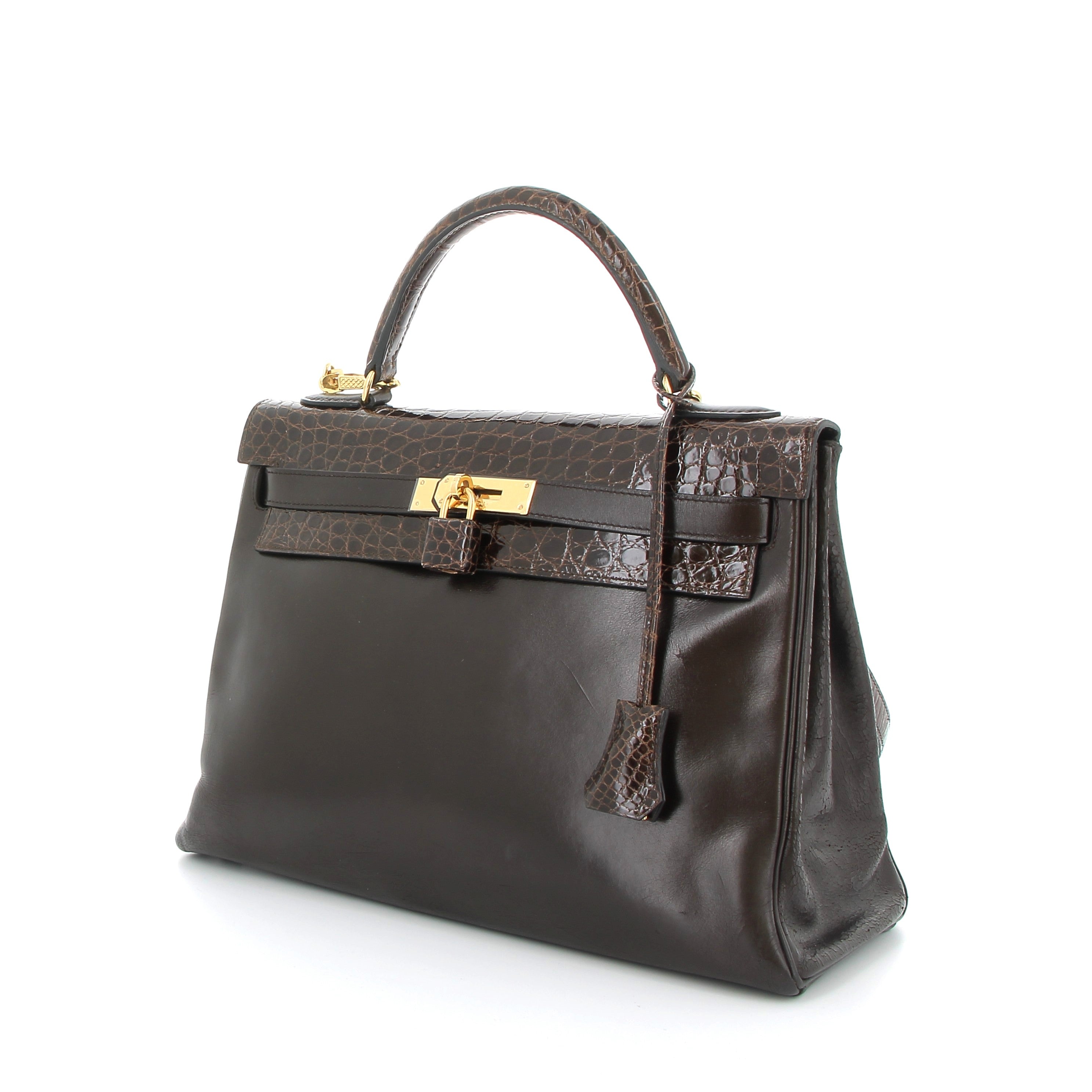HERMES Preowned Kelly 32 Marron Box / Crocodile