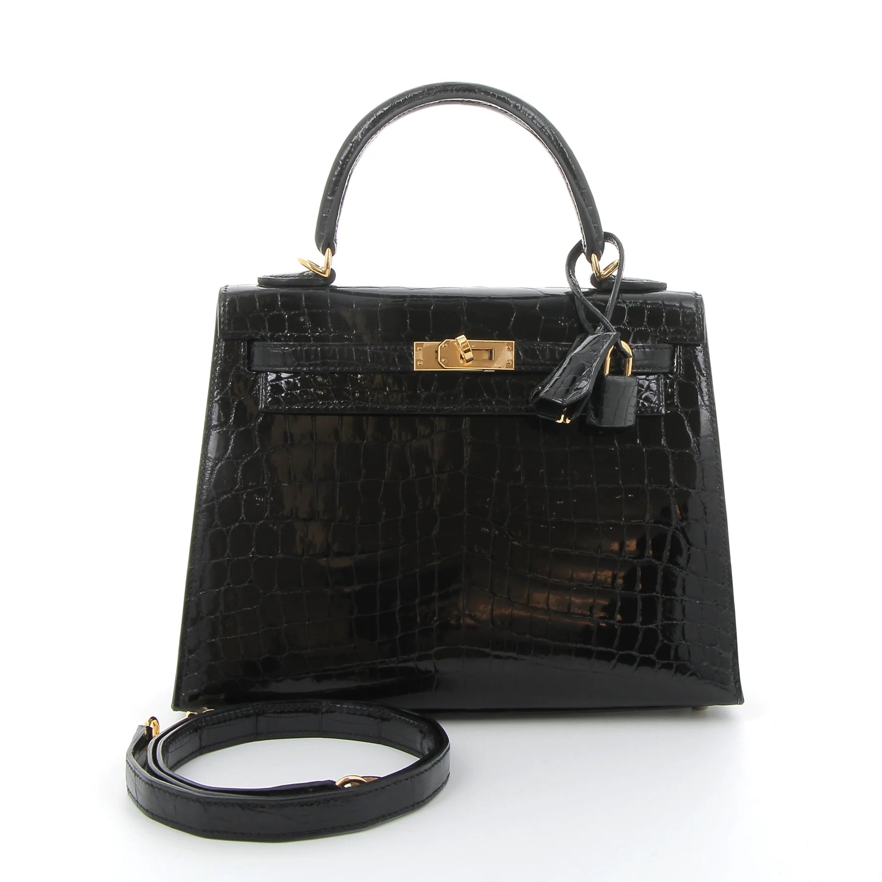 HERMES Kelly 25 Noir Crocodile Niloticus Lisse Finition Or