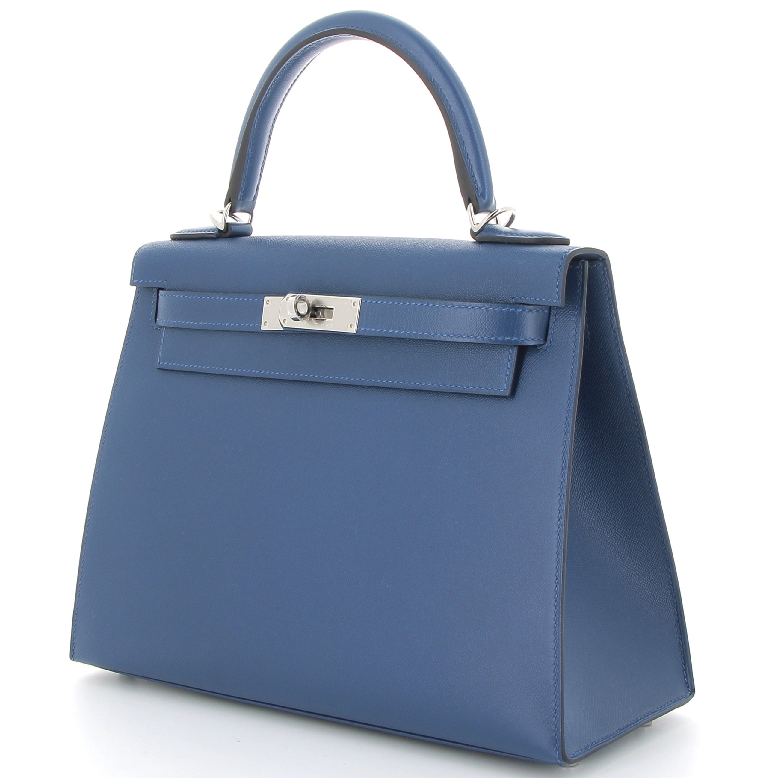 HERMES Kelly 28 Bleu Tie Cuir Veau Madame Finition Palladié