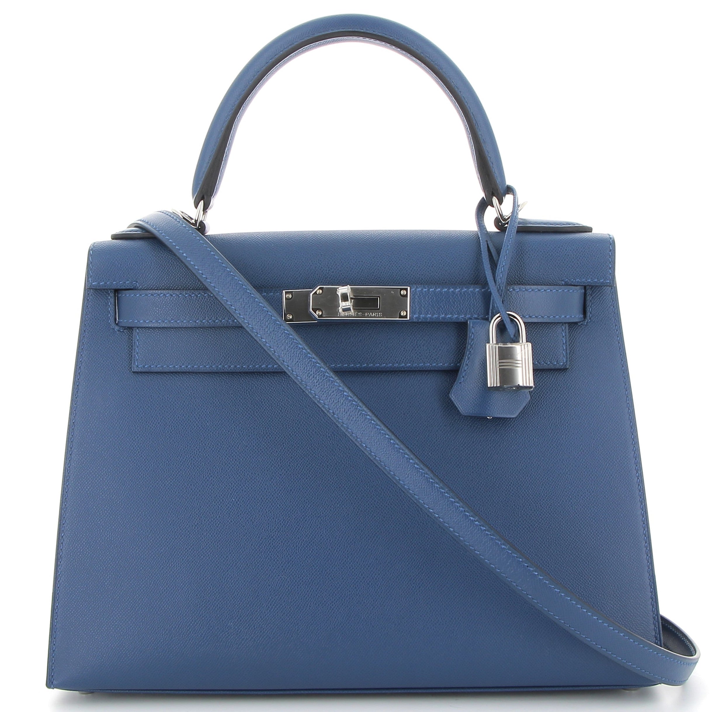 HERMES Kelly 28 Bleu Tie Cuir Veau Madame Finition Palladié
