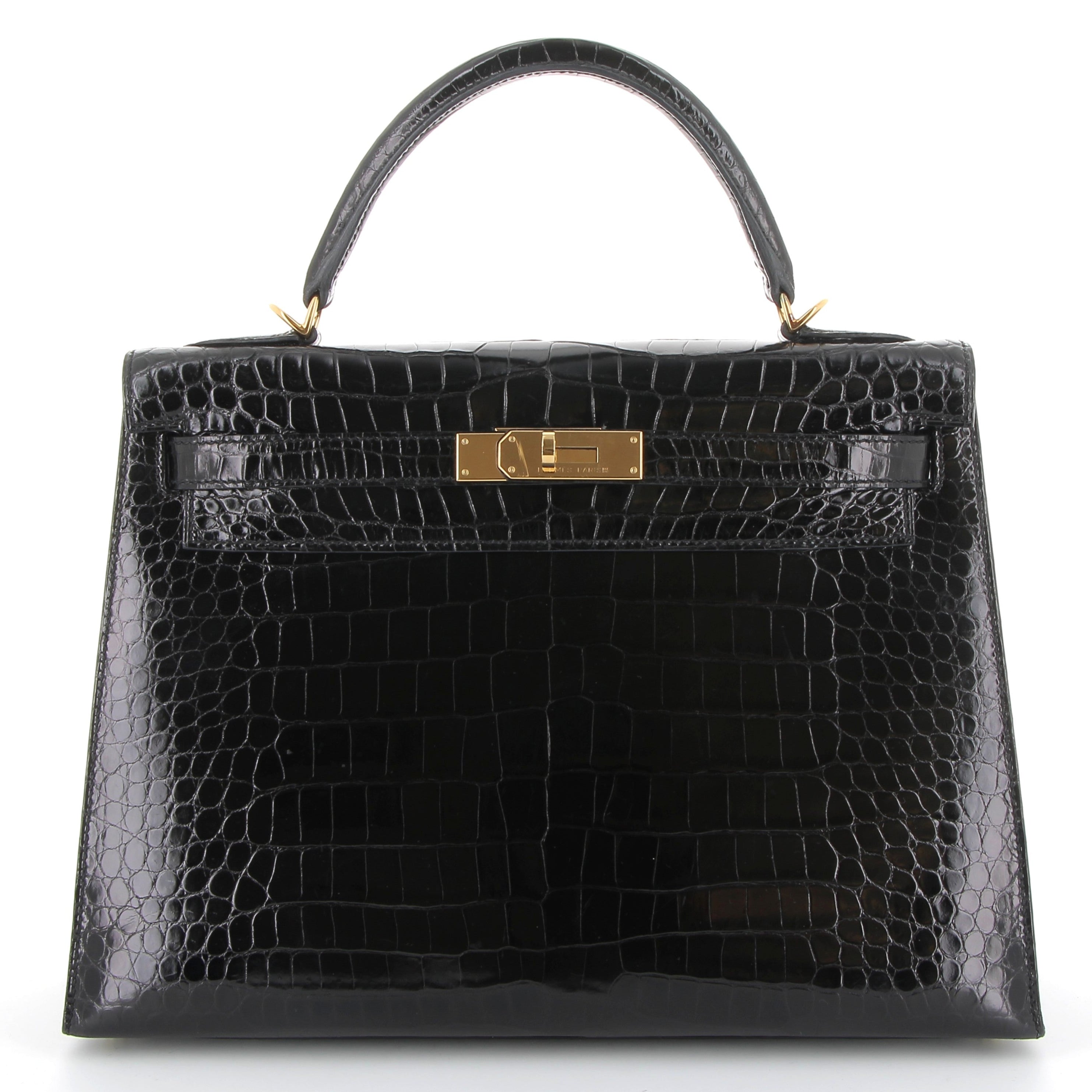 HERMES Kelly 32 Noir Sellier Crocodile Porosus Finition Or Jaune