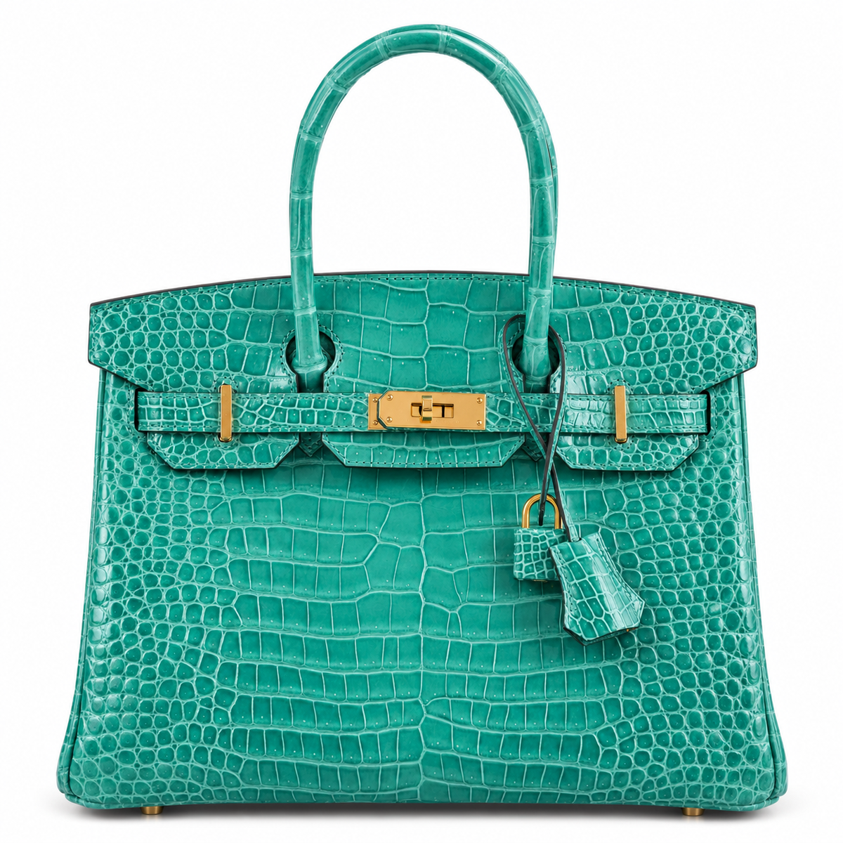 HERMÈS BIRKIN 30 VERT JADE CROCODILE POROSUS LISSÉ FINITION OR JAUNE