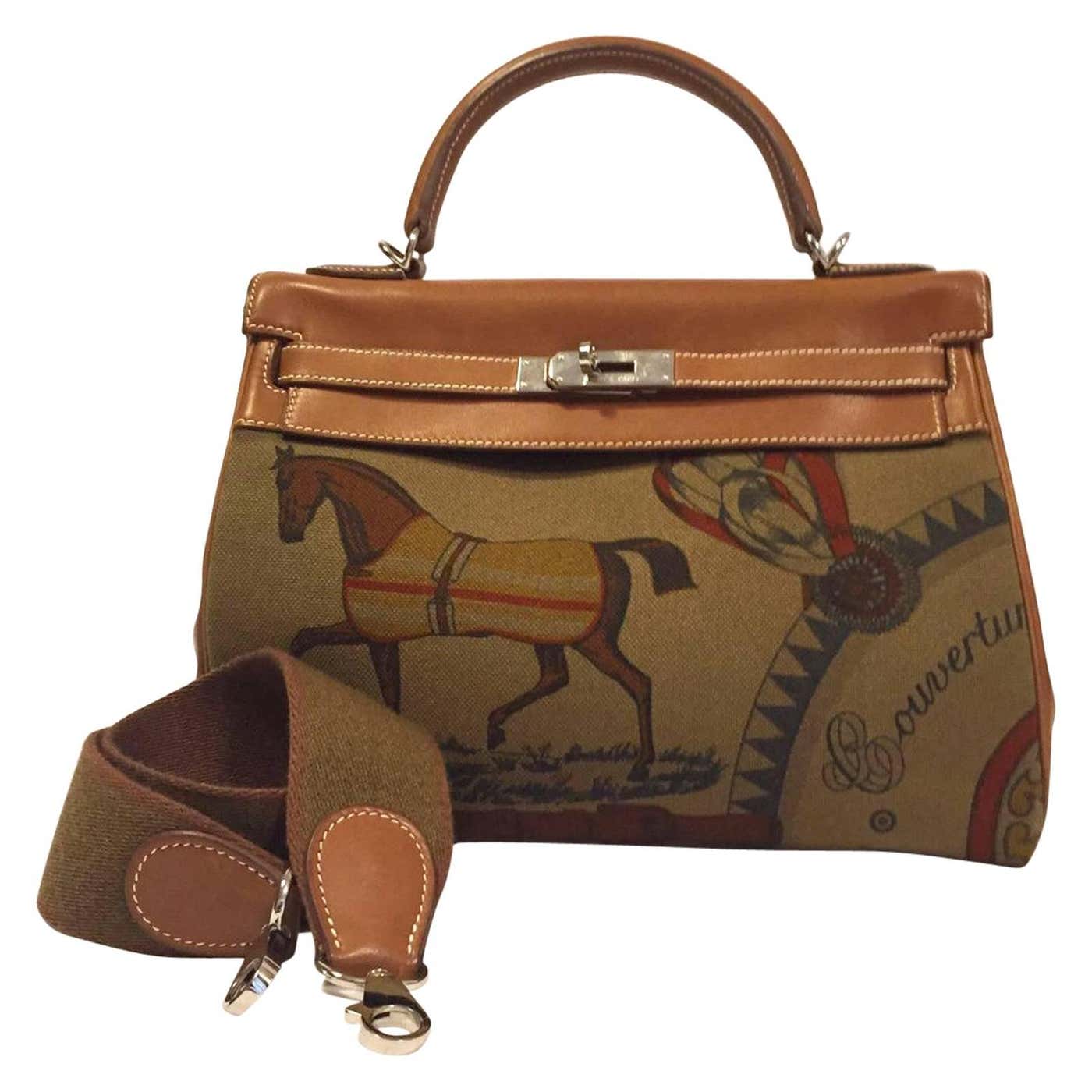 HERMÈS Kelly 32 Amazone Barenia Horse Print Palladium-Finish Canvas