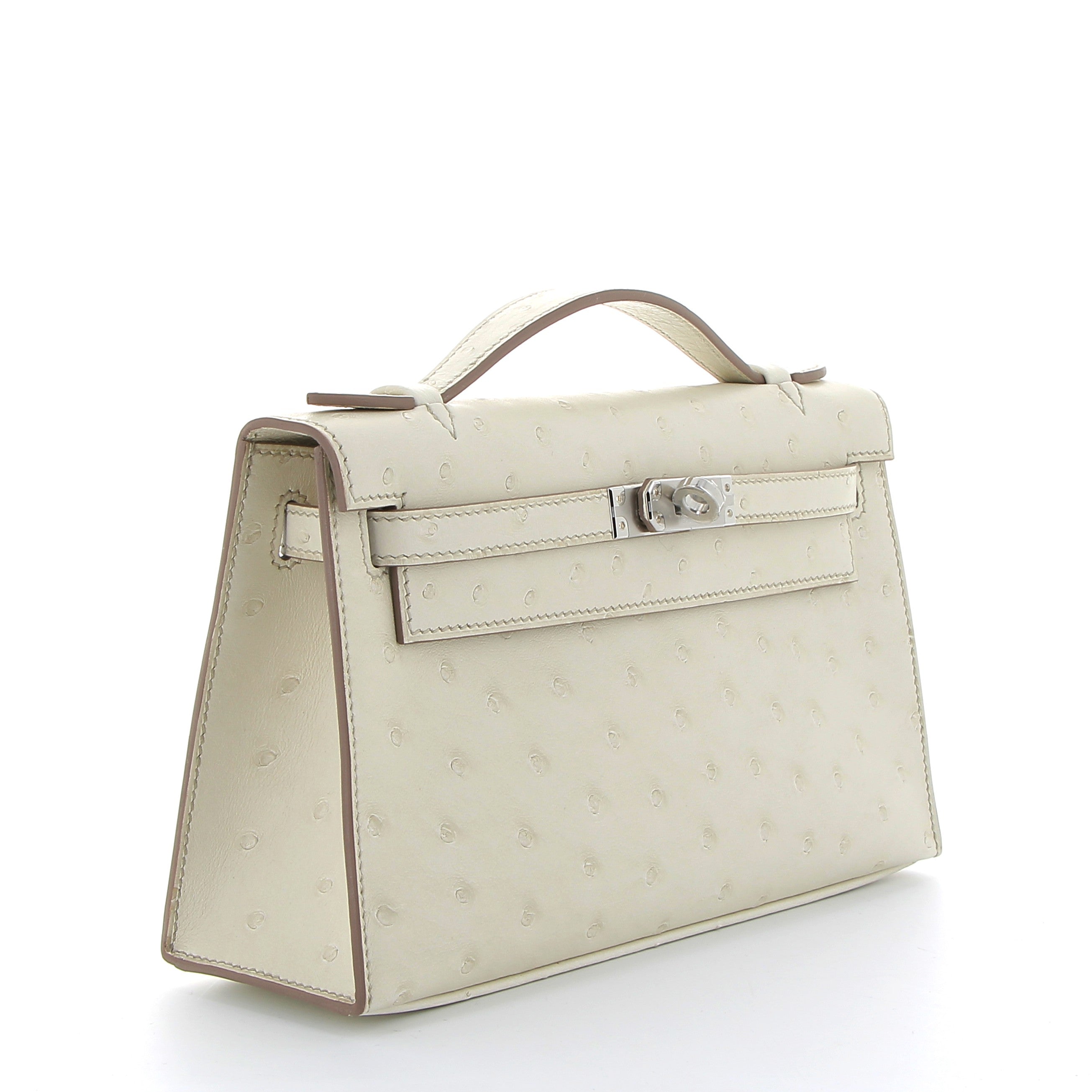 HERMES Kelly Pochette Béton Autruche Finition Palladié