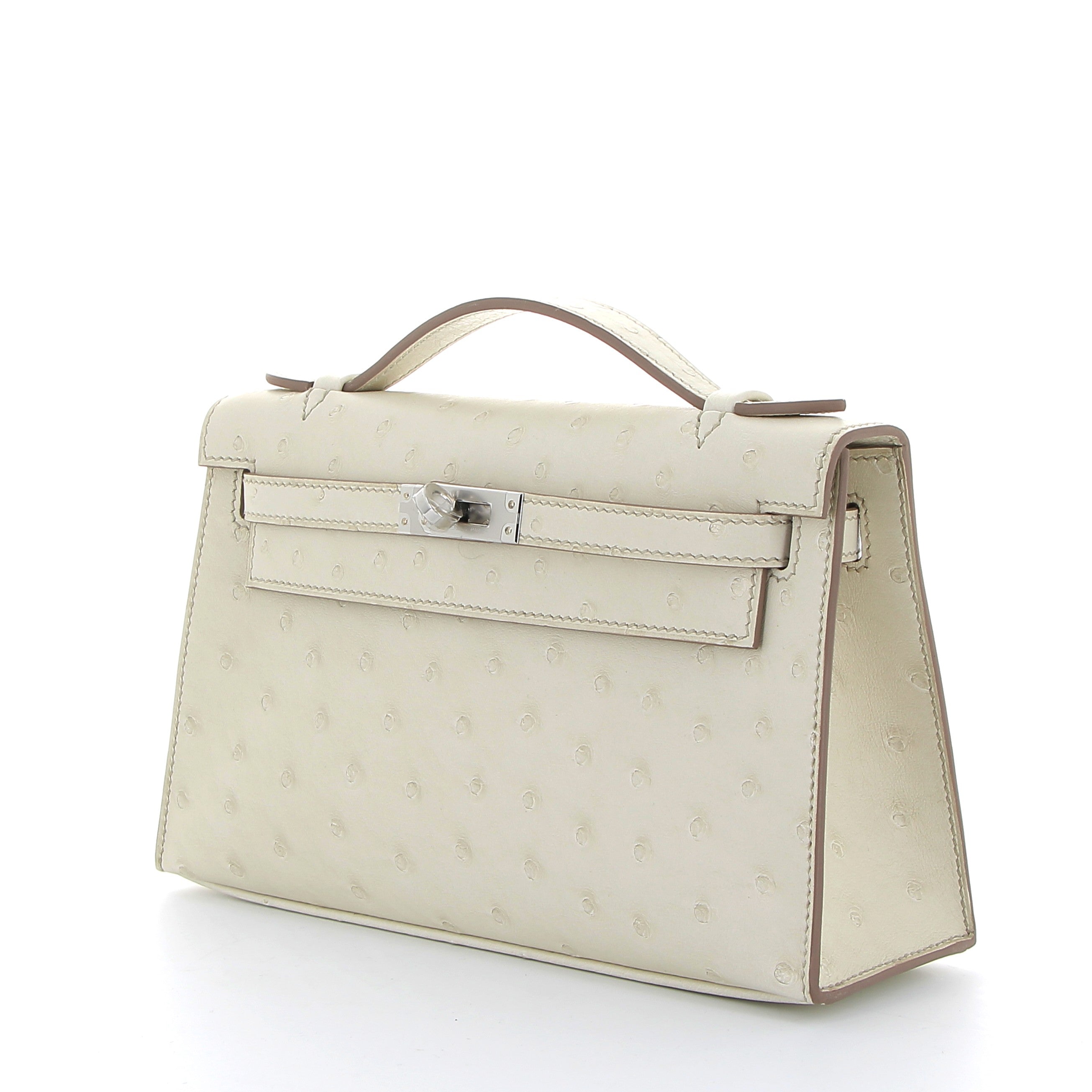 HERMES Kelly Pochette Béton Autruche Finition Palladié