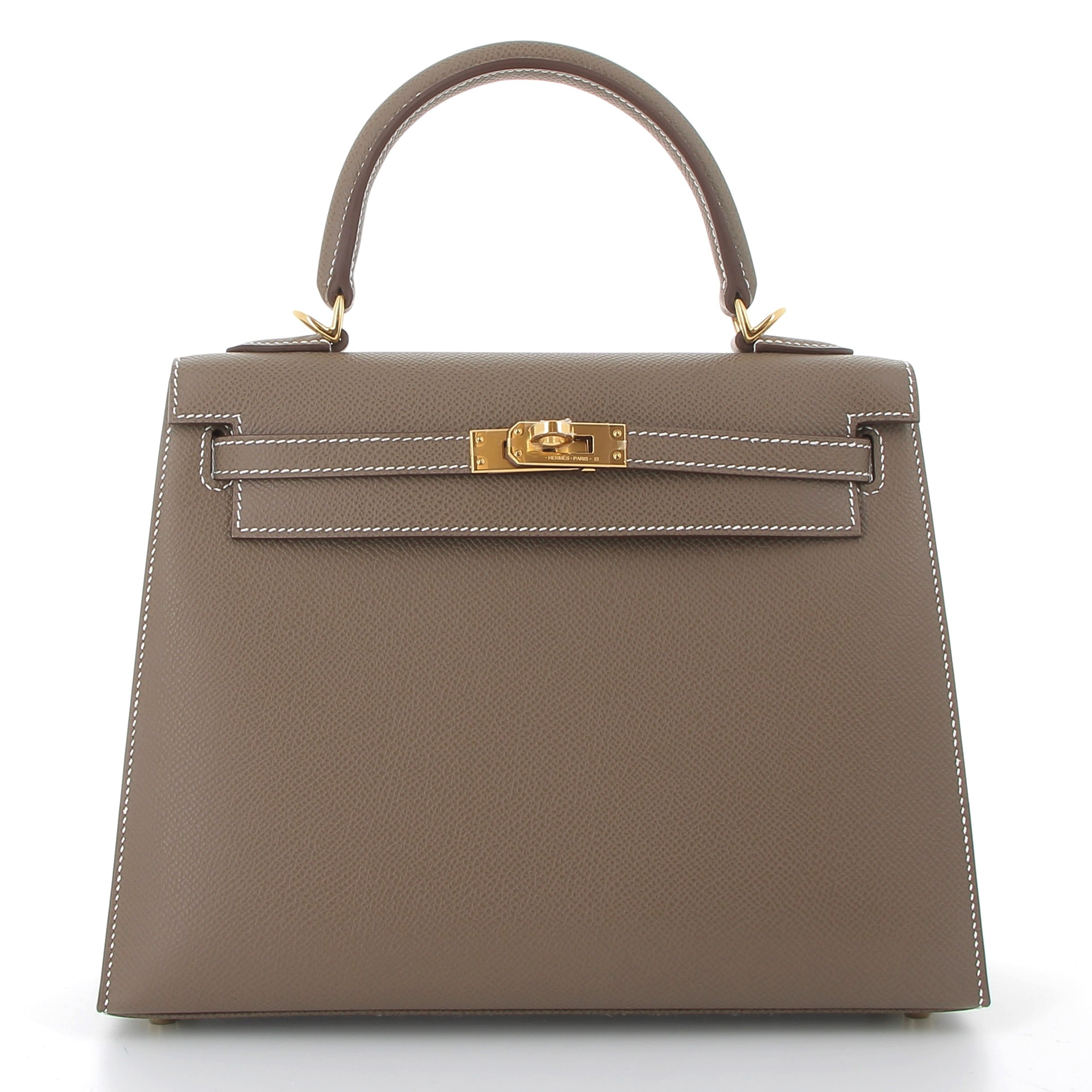 HERMES Kelly 25 Sellier Etoupe Cuir Epsom Finition Or Jaune