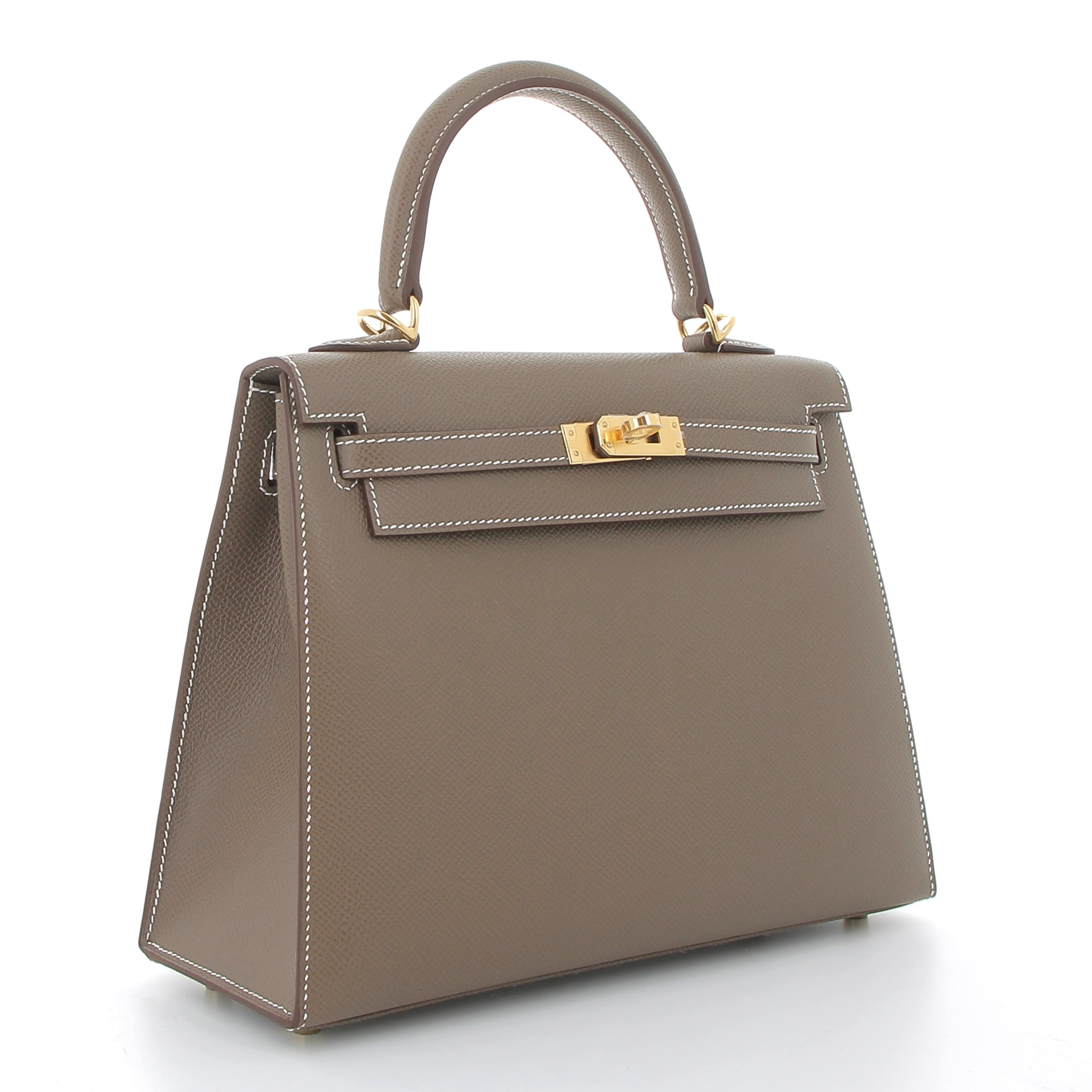 HERMES Kelly 25 Sellier Etoupe Cuir Epsom Finition Or Jaune
