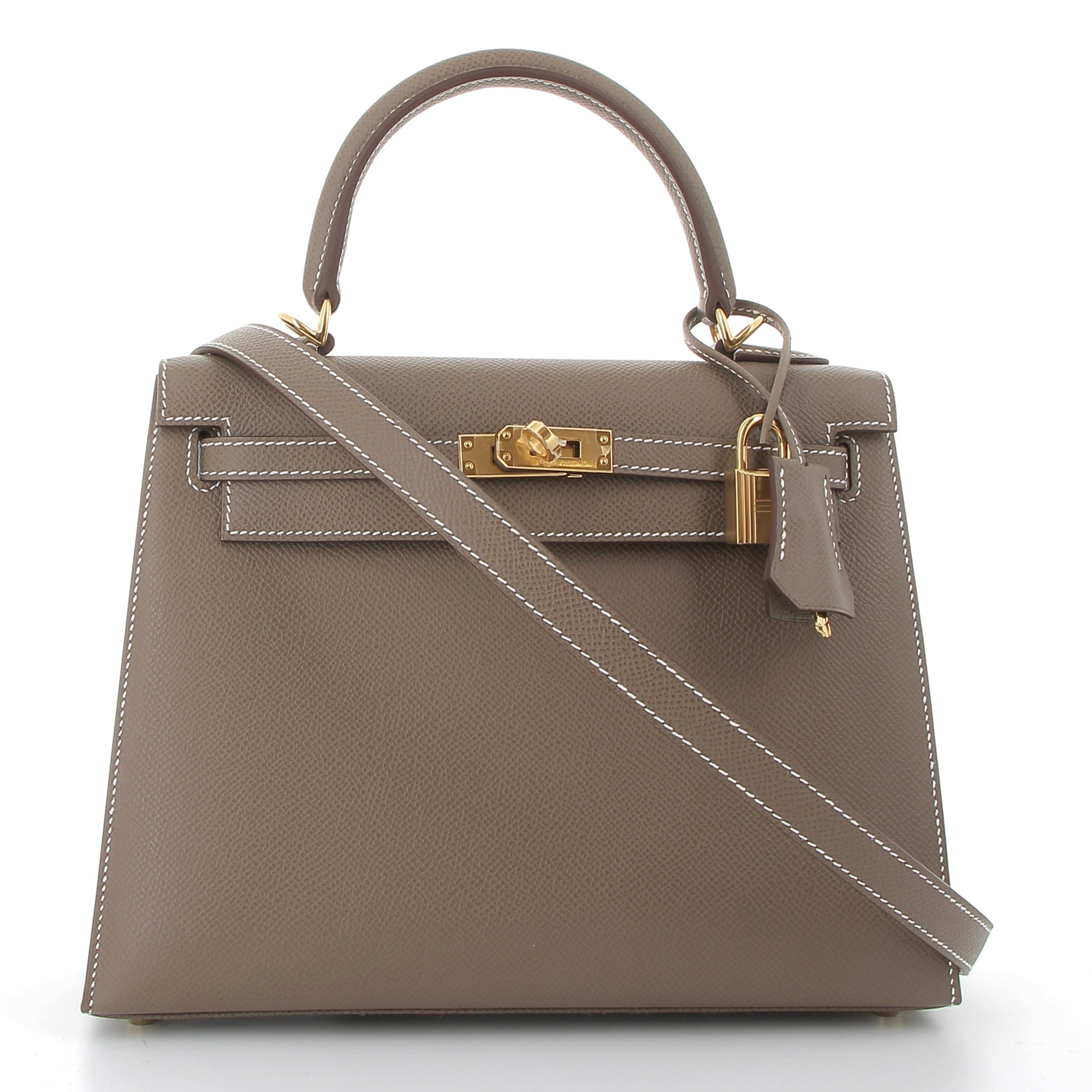 HERMES Kelly 25 Sellier Etoupe Cuir Epsom Finition Or Jaune
