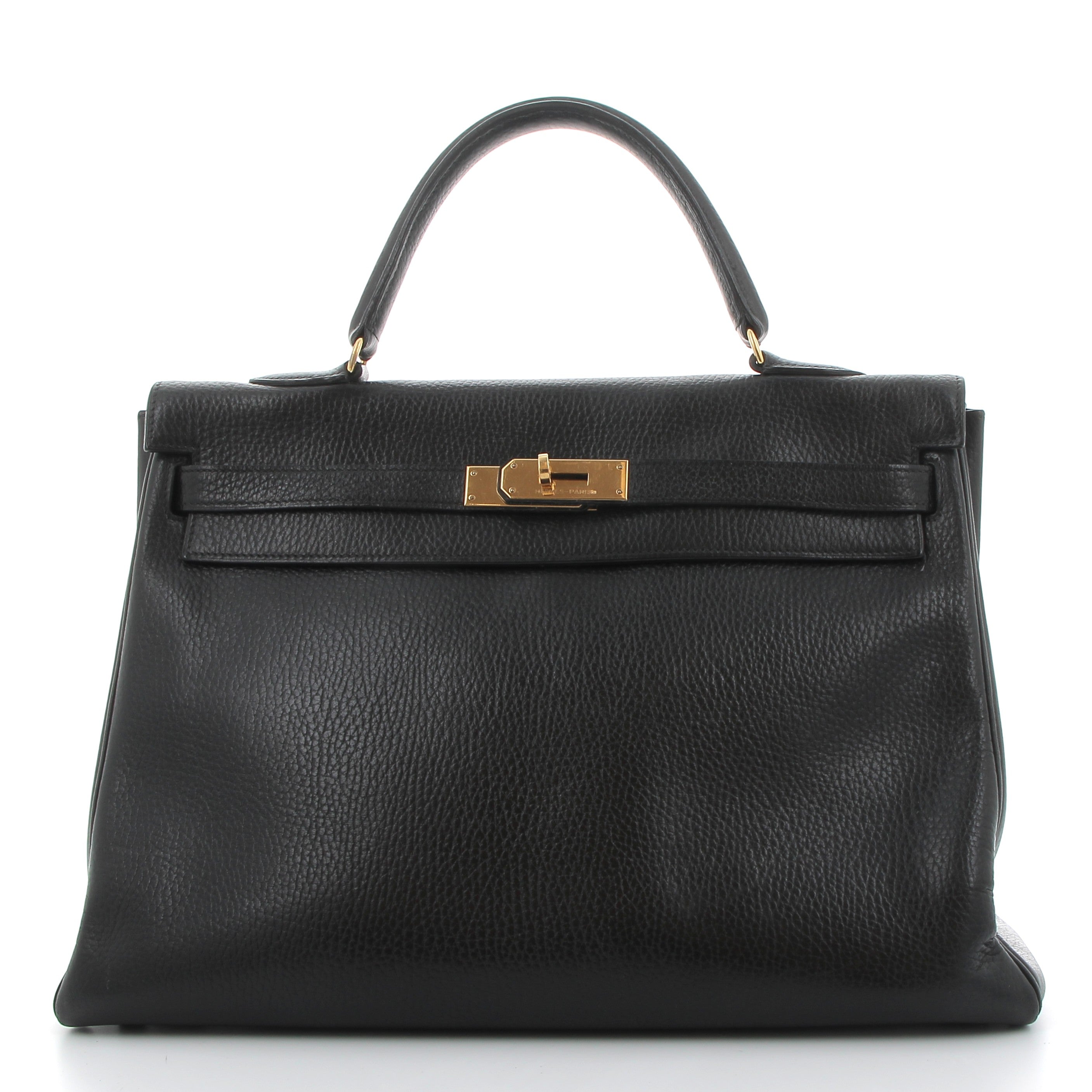 HERMES Kelly 35 Noir Cuir Veau Ardenne Finition Or Jaune
