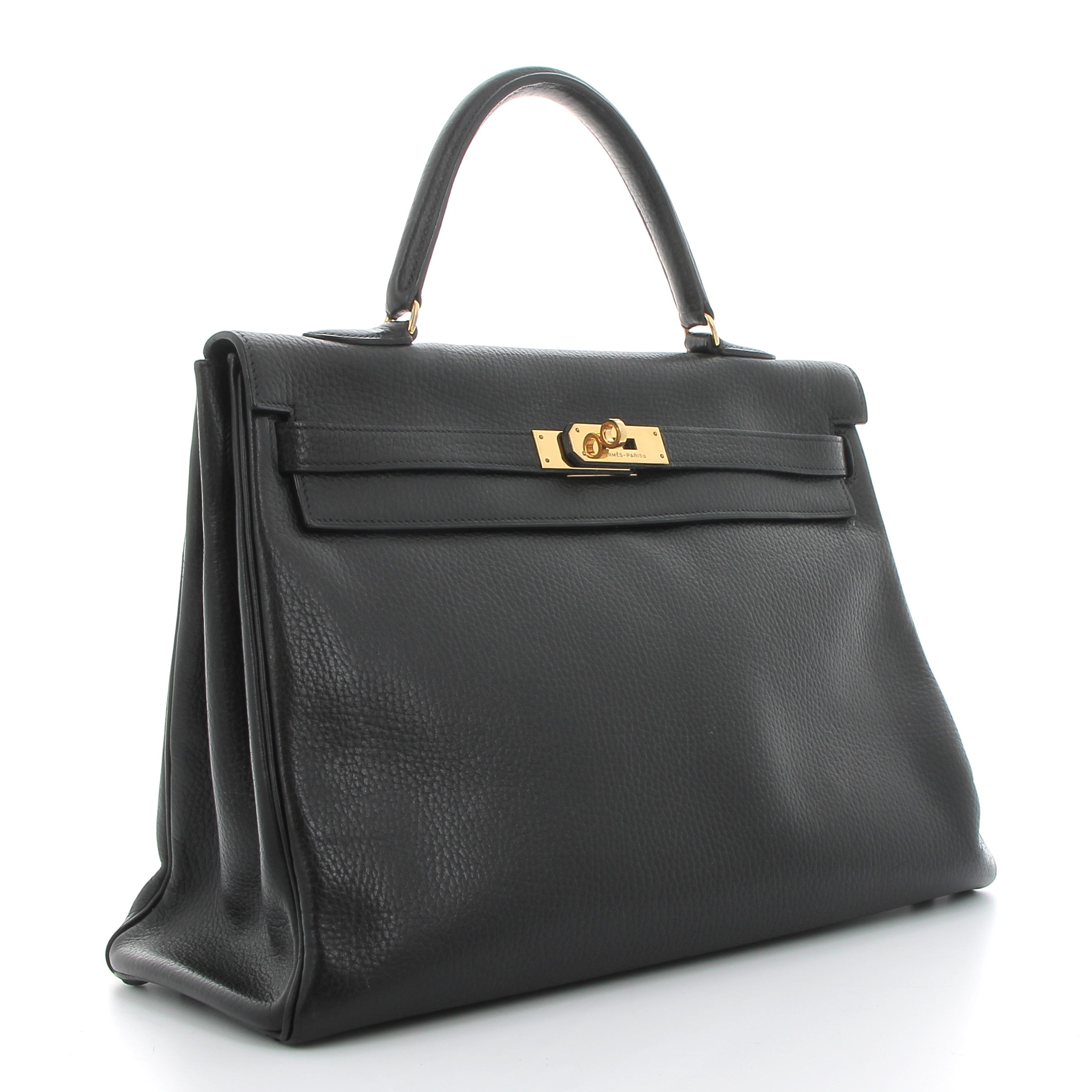 HERMES Kelly 35 Noir Cuir Veau Ardenne Finition Or Jaune
