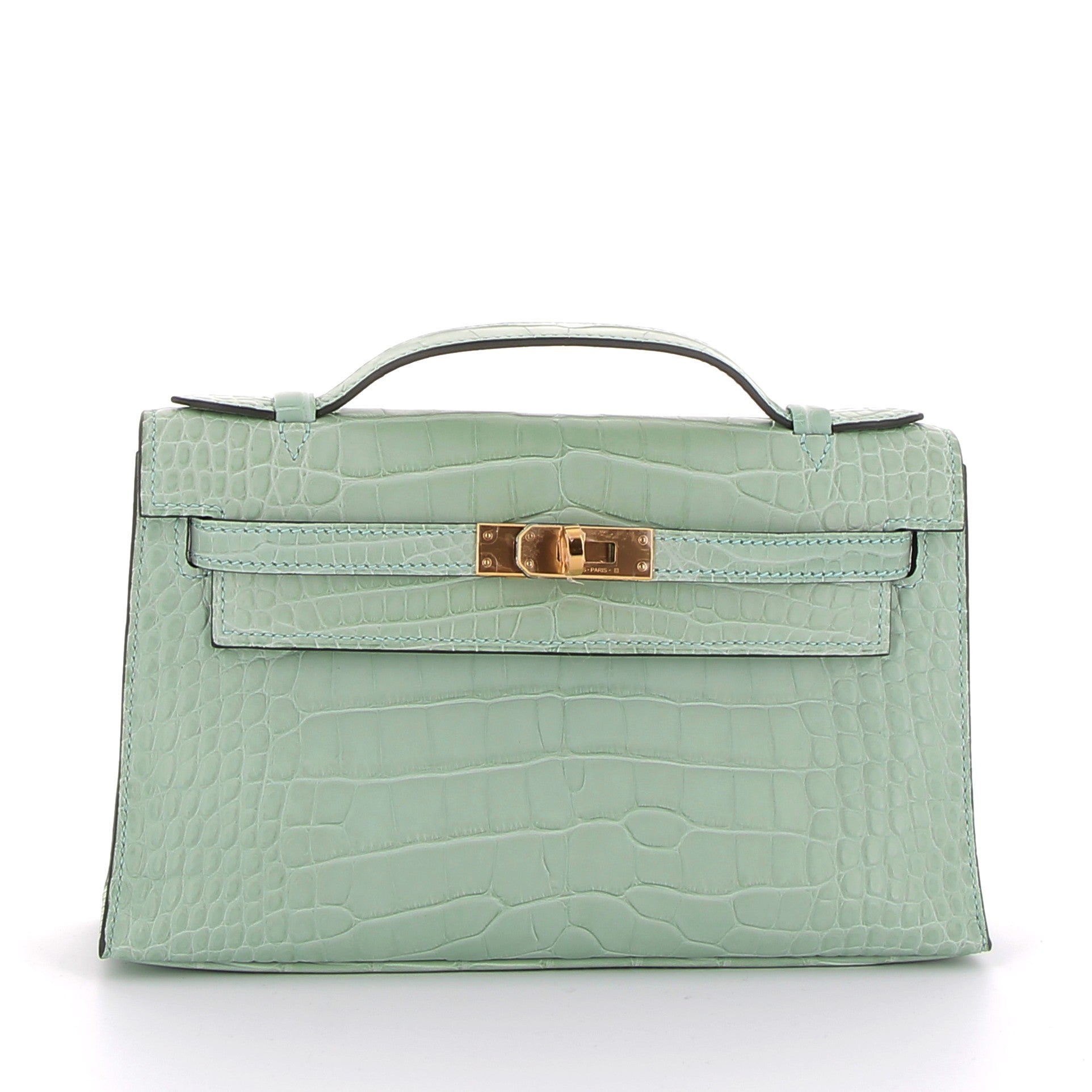 HERMES Kelly Pochette Vert d'Eau Crocodile Finition Or Jaune