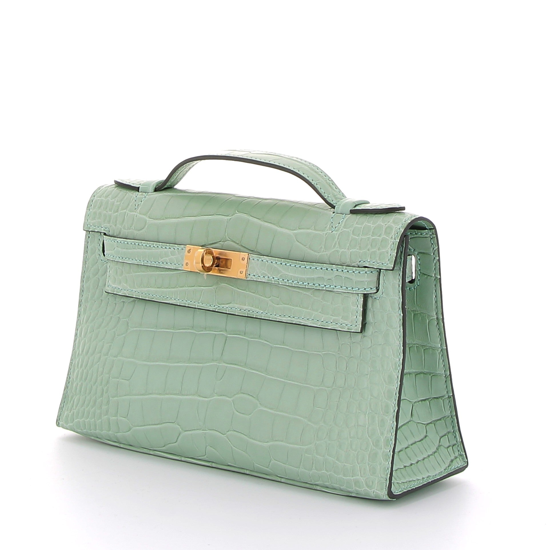 HERMES Kelly Pochette Vert d'Eau Crocodile Finition Or Jaune