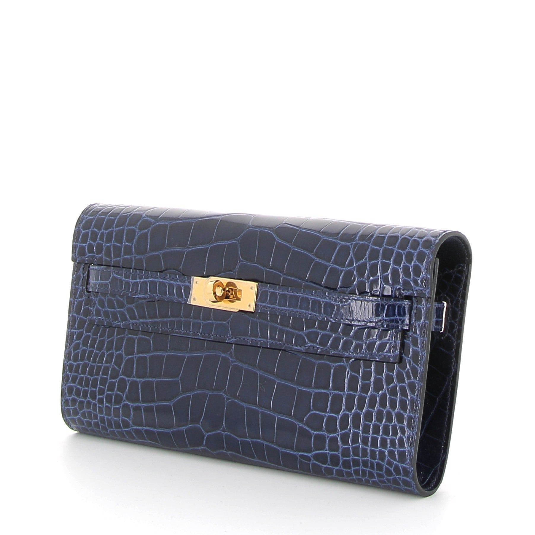 HERMES Kelly To Go Bleu Saphire Crocodile Niloticus Finition Or Jaune