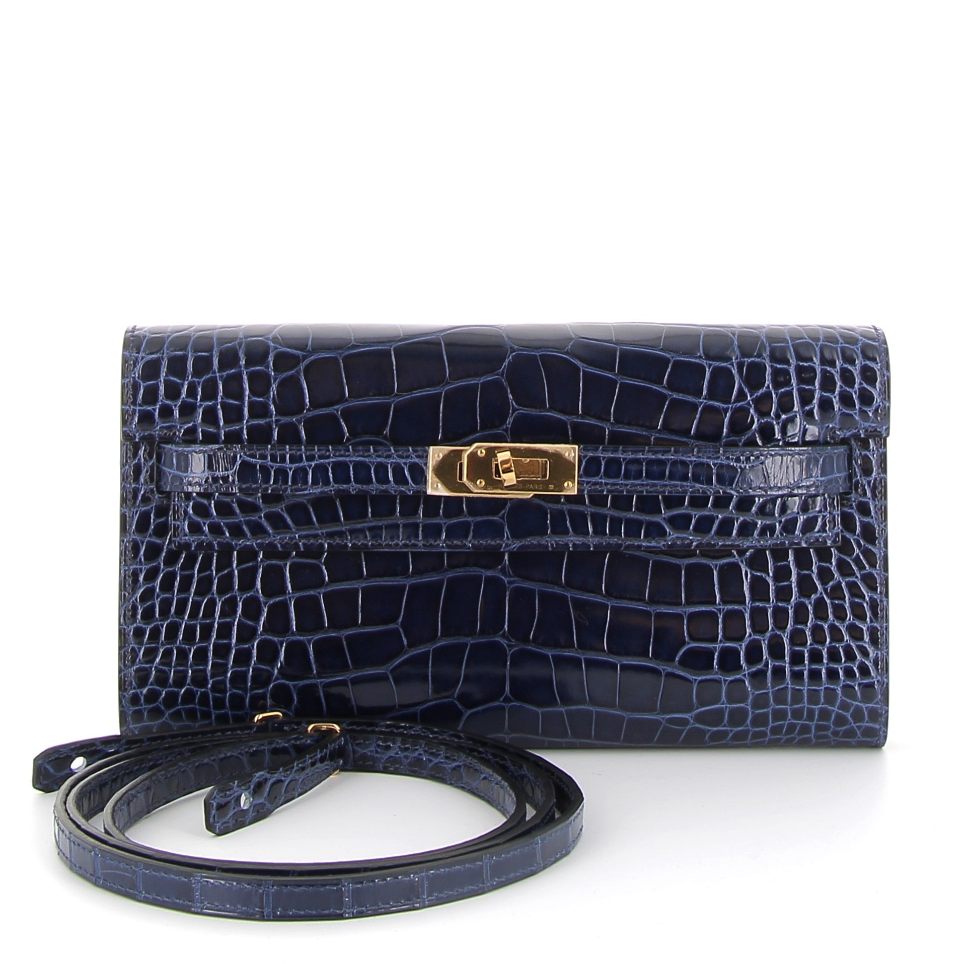 HERMES Kelly To Go Bleu Saphire Crocodile Niloticus Finition Or Jaune