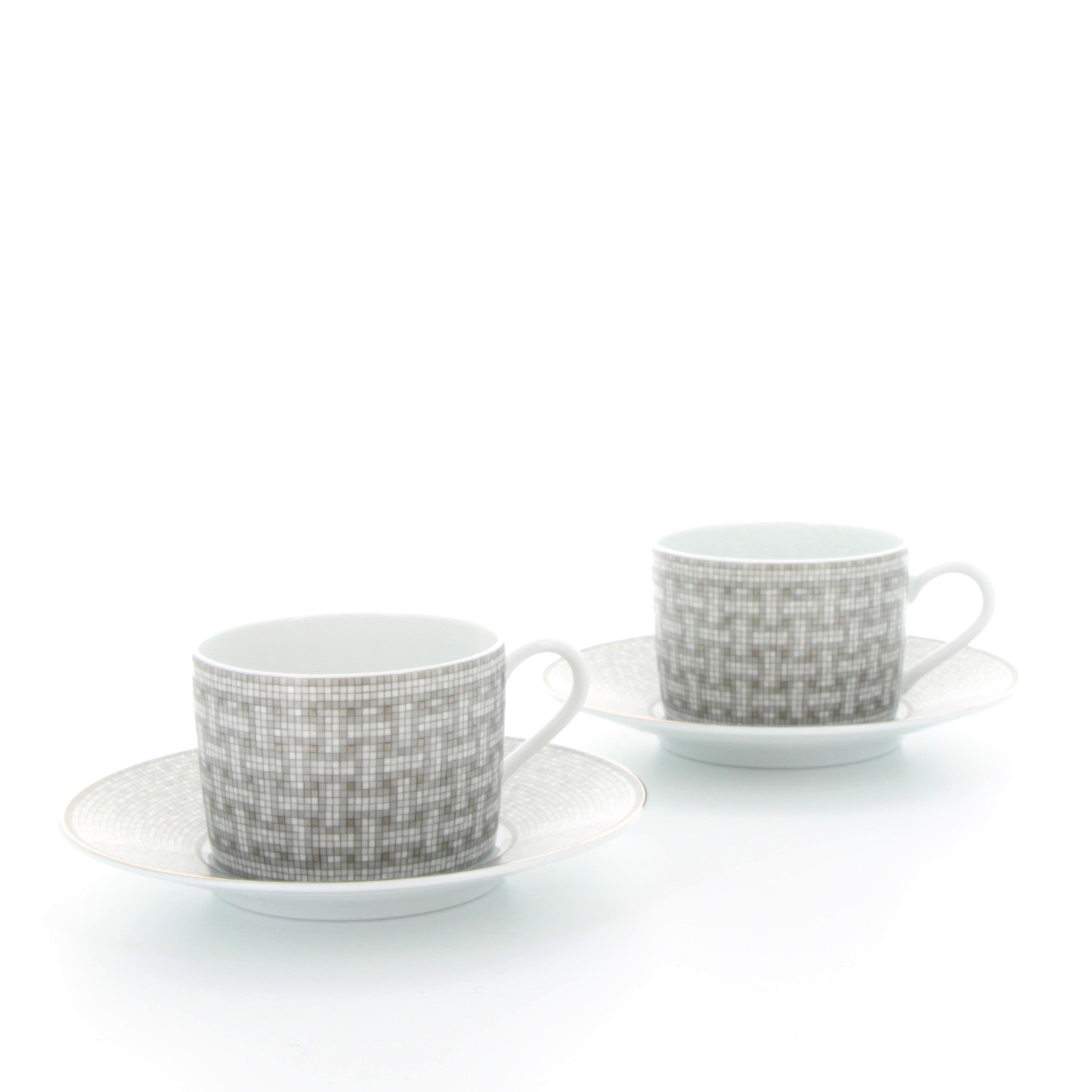 HERMES Tasse à Thé et Soucoupe Mosaïque Platine (Lot de 2)