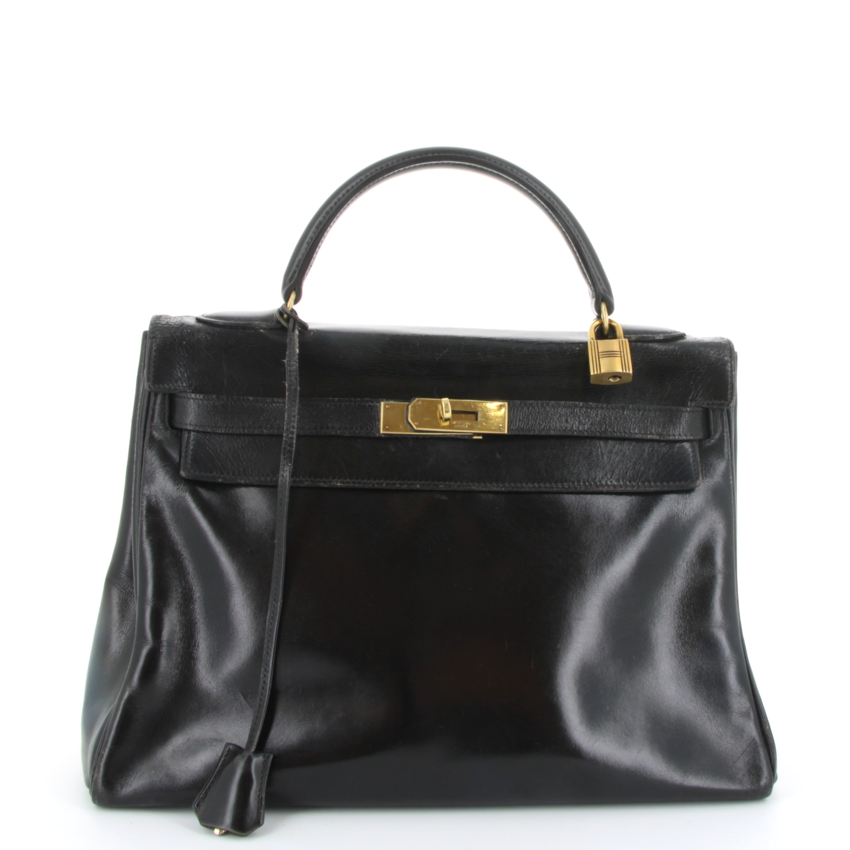 HERMES Kelly 28 Vintage Noir Box Finition Or