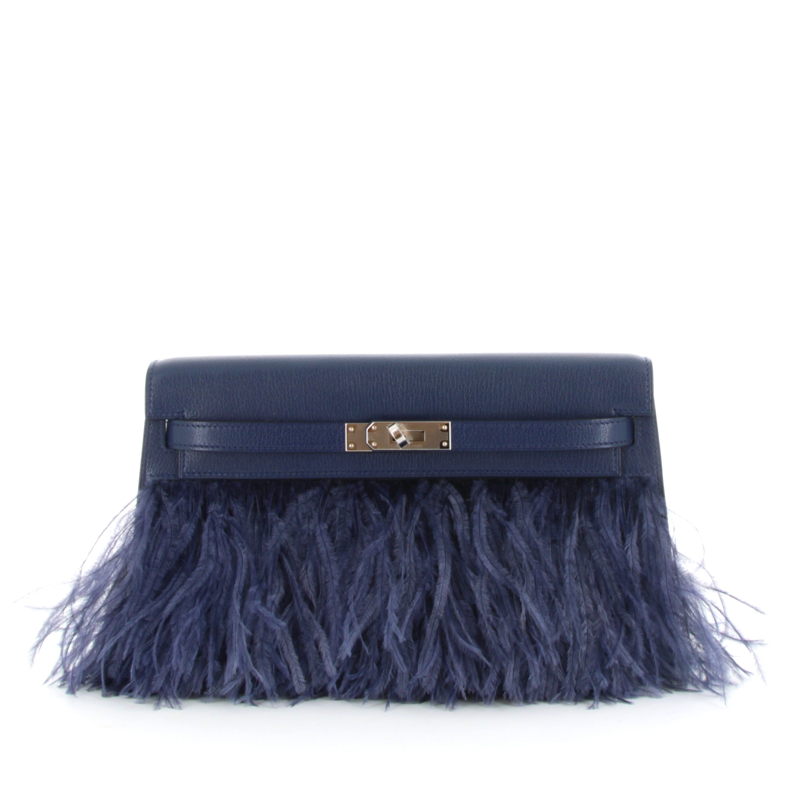 HERMÈS Kelly Elan Foile Bleu Saphir Chevre Chamkila and Ostrich Feathers Finition Palladié
