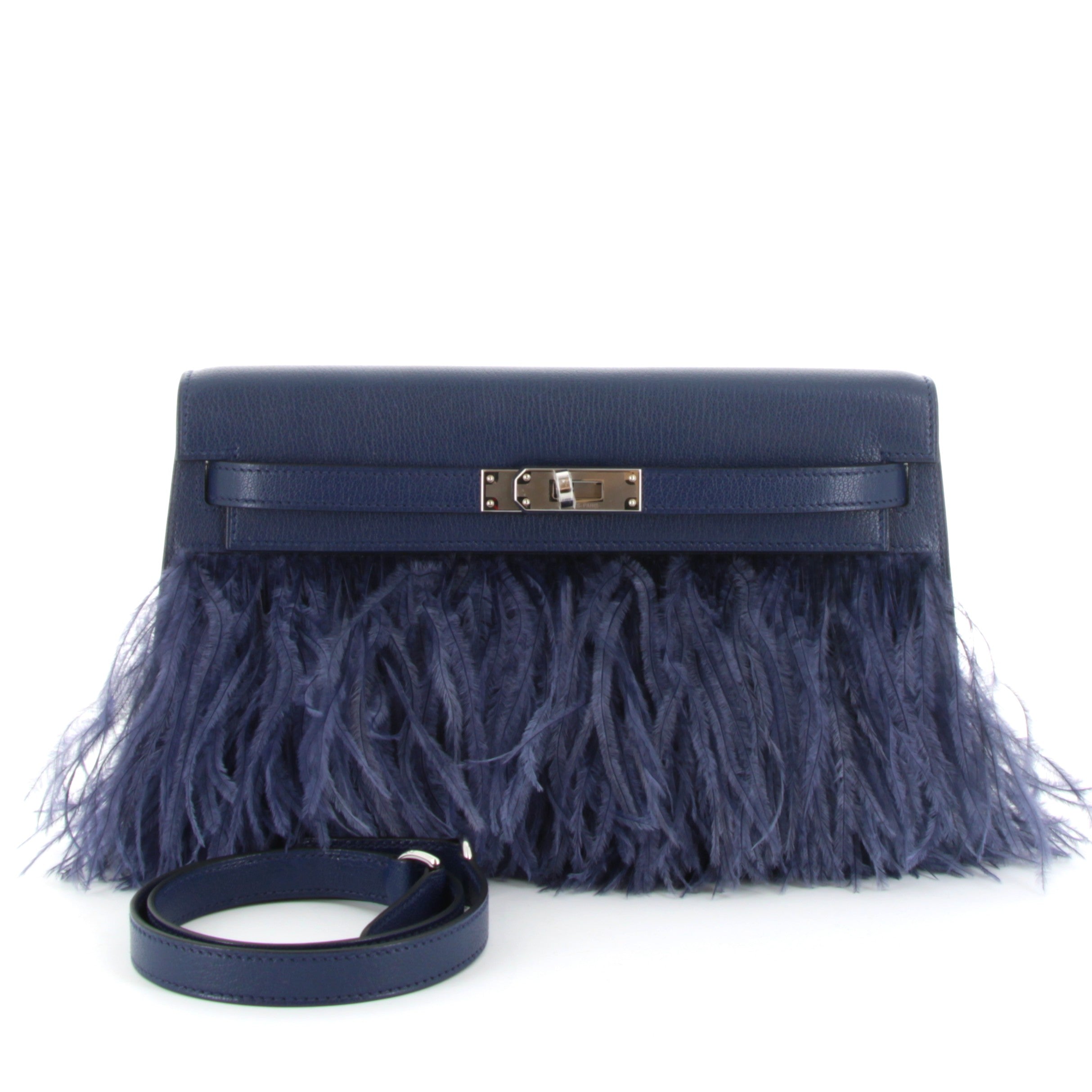 HERMÈS Kelly Elan Foile Bleu Saphir Chevre Chamkila and Ostrich Feathers Finition Palladié
