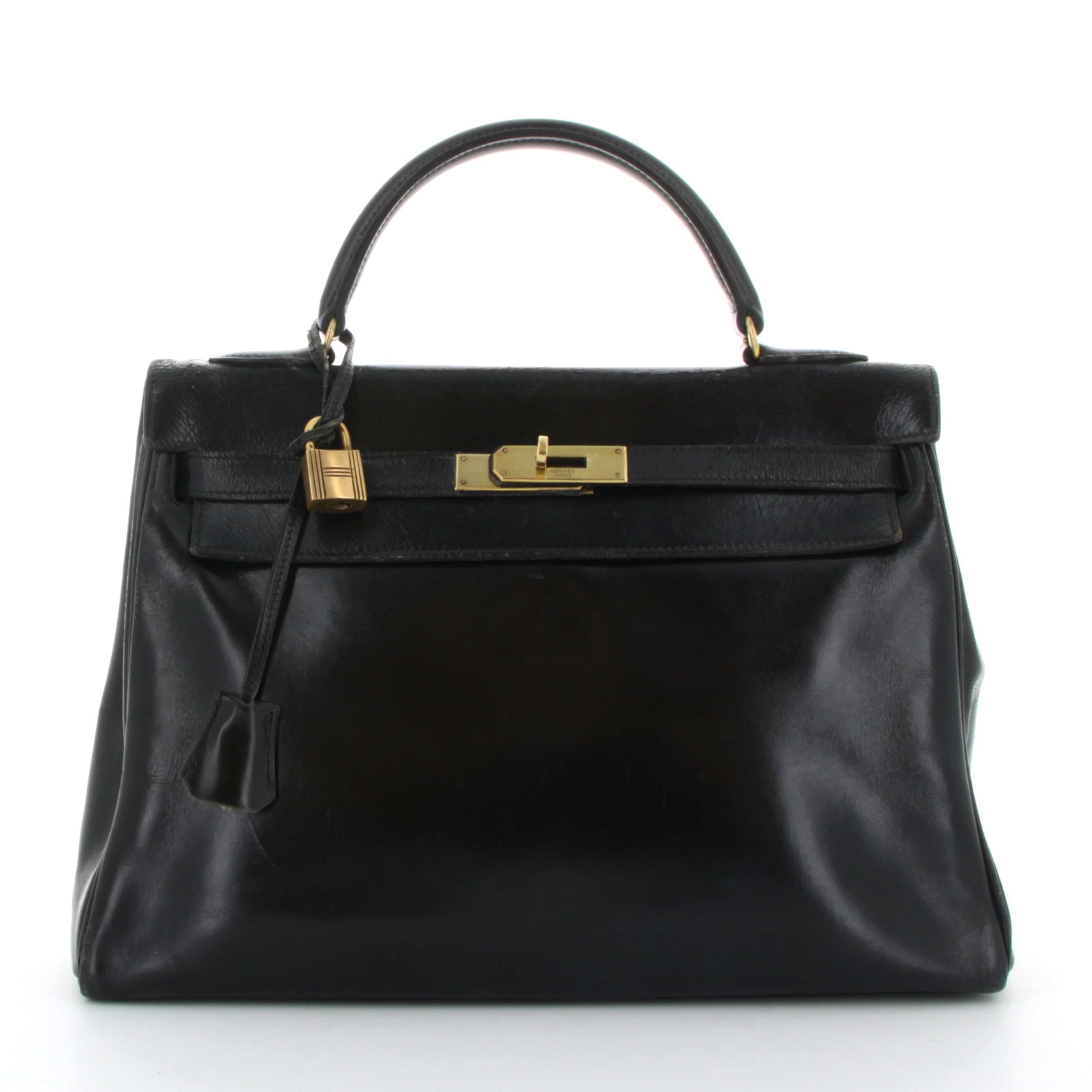 HERMES Kelly 28 Vintage Noir Box Finition Or