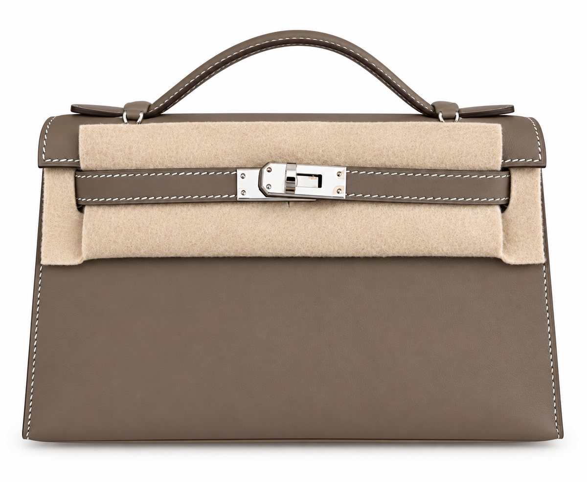 HERMÈS KELLY POCHETTE ÉTOUPE SWIFT FINITION PALLADIÉ