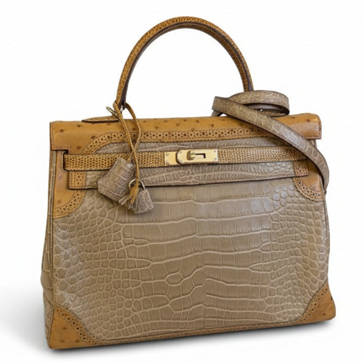 HERMES Kelly 35 Ghillies Grand Mariage Poussiere/Tabac Camel/Sesame Cuir Matte Alligator/Autruche/Lézard Finition Permabrass