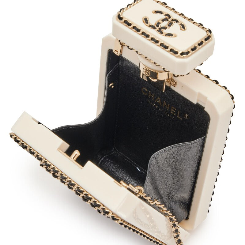 CHANEL Minaudière Flacon De Parfum En Plexiglas Blanc et Cuir Noir Matelassé Finition Doré