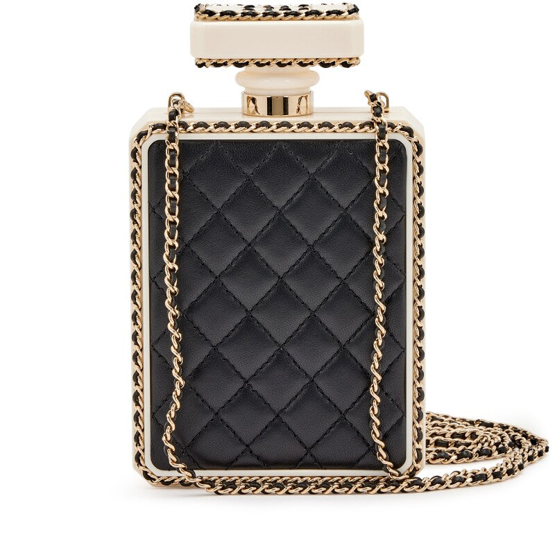 CHANEL Minaudière Flacon De Parfum En Plexiglas Blanc et Cuir Noir Matelassé Finition Doré
