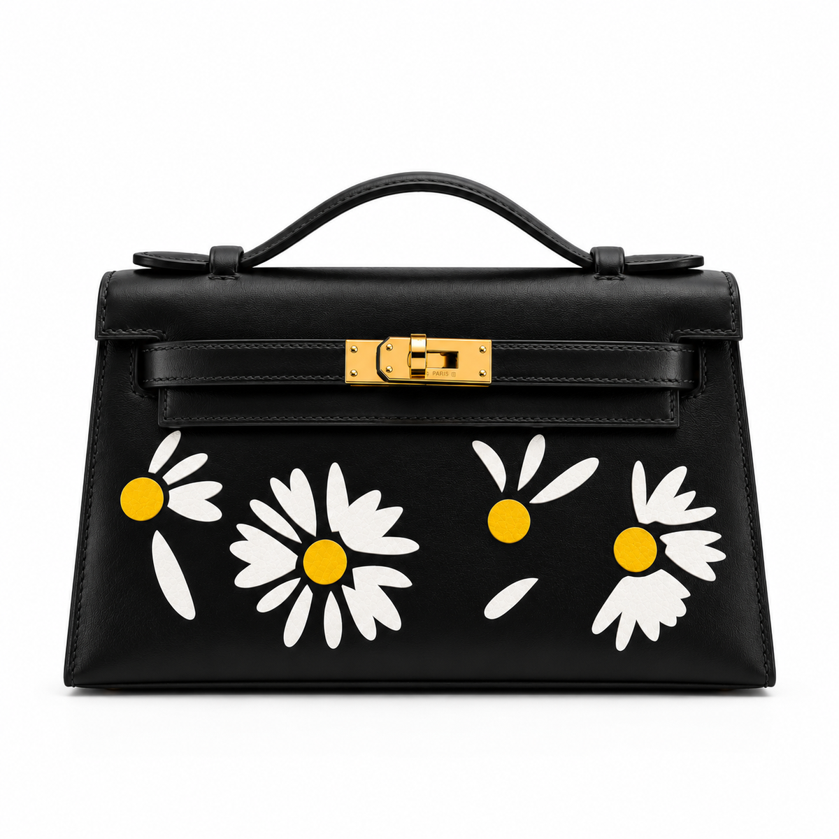 HERMÈS KELLY POCHETTE LUCKY DAISY NOIR BOX FINITION OR JAUNE